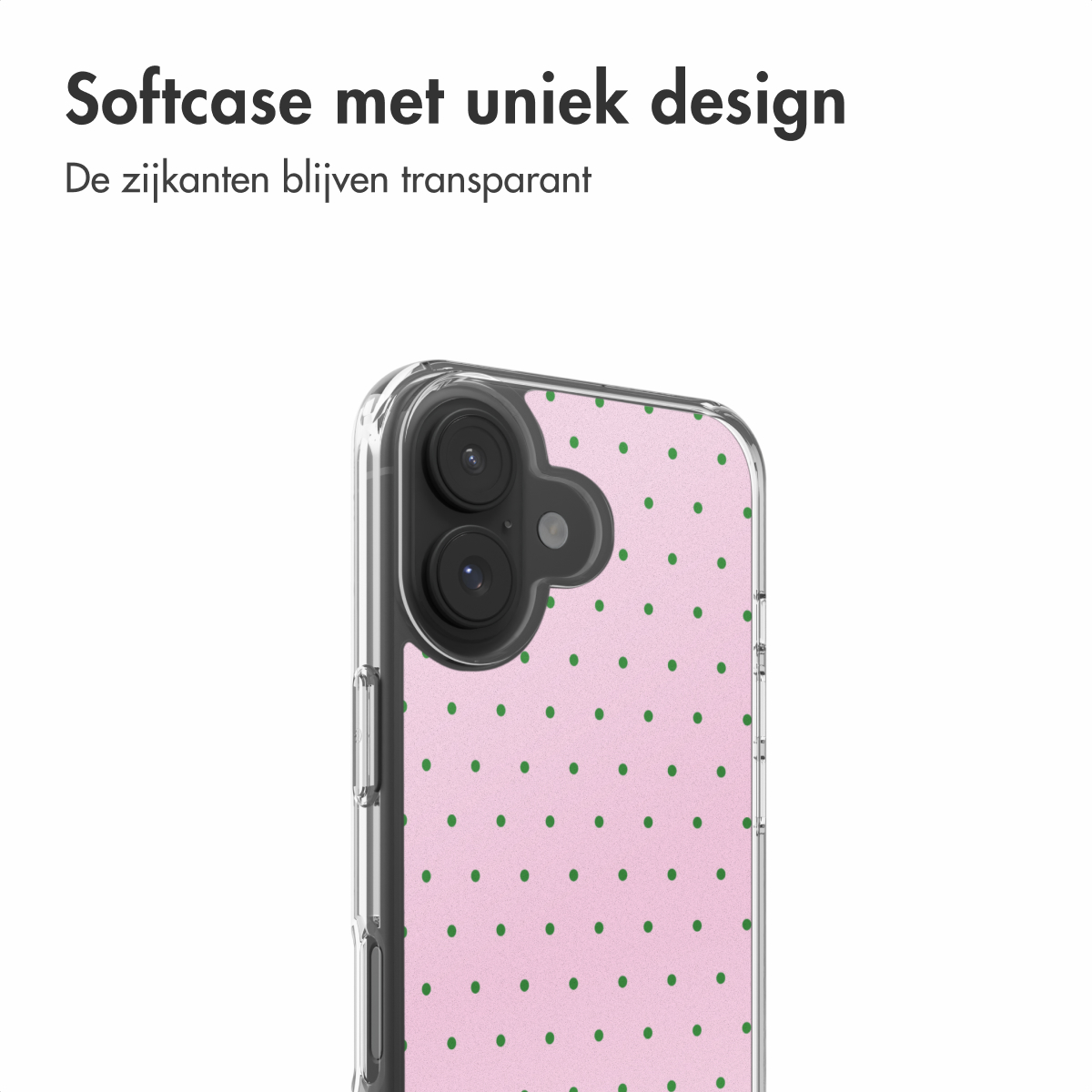 Een roze telefoonhoesje met groene stippen en transparante zijkanten.