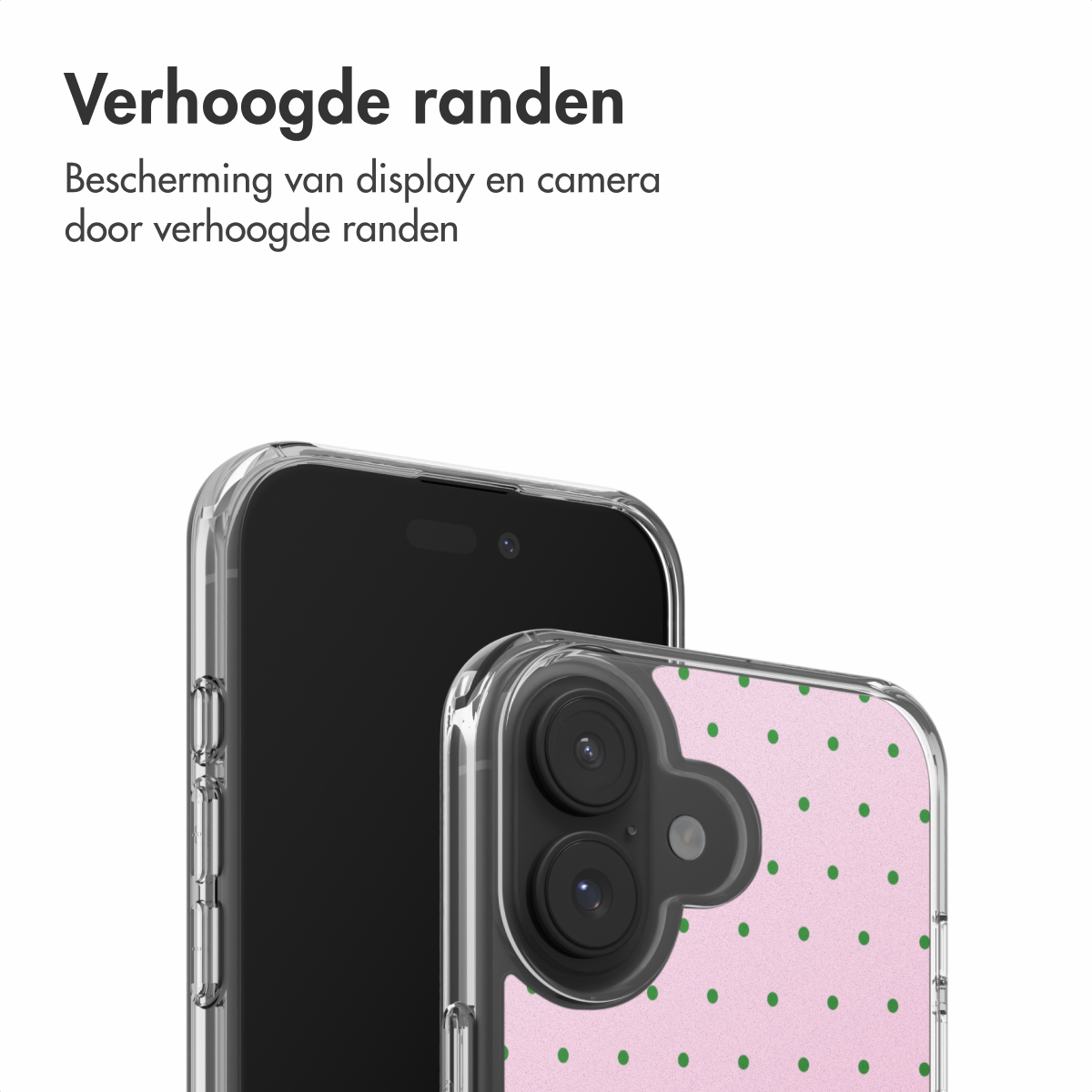 Roze telefoonhoes met groene stippen en camera-uitsparing.