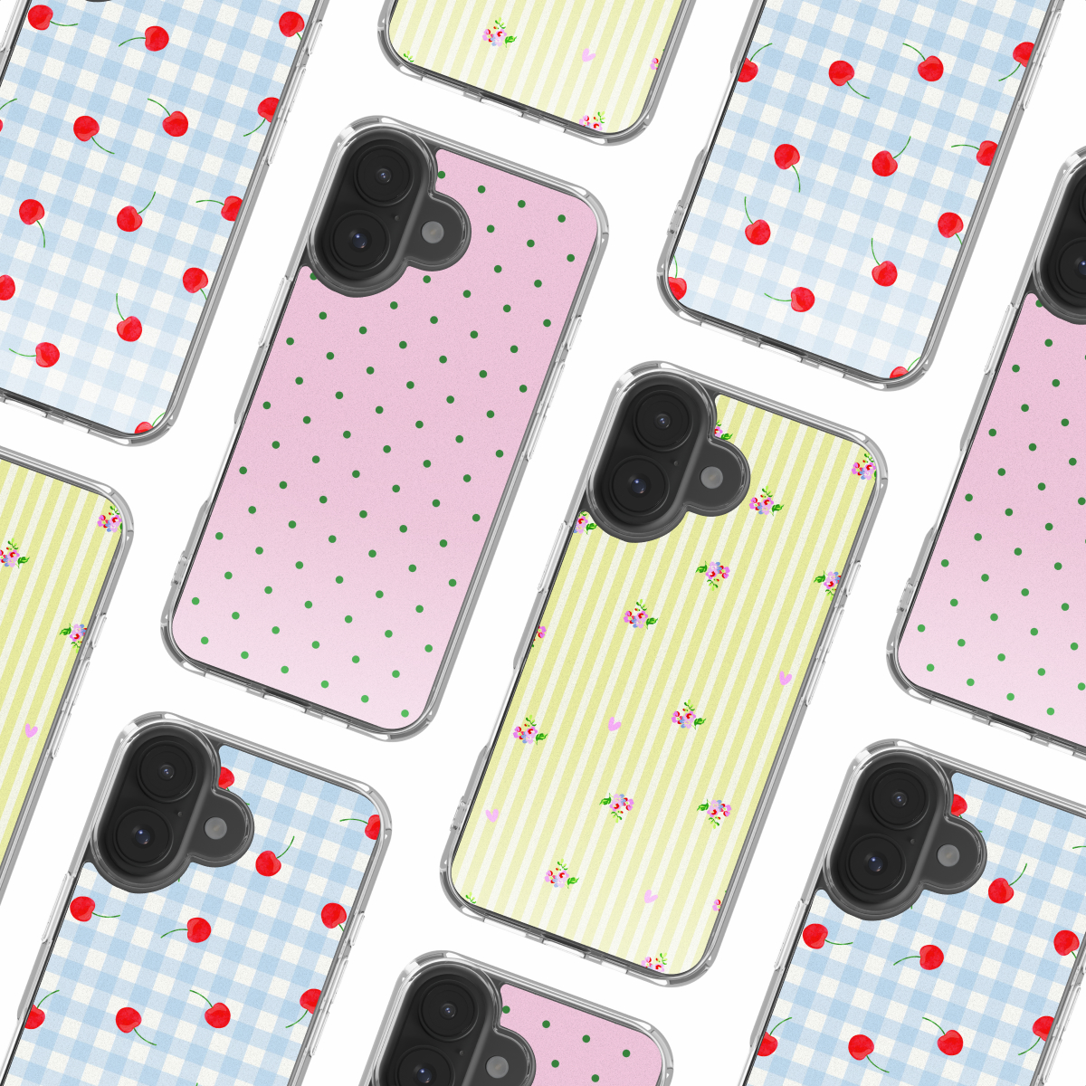 Meerdere telefoonhoesjes met patronen: kersen, stippen, strepen en bloemen.