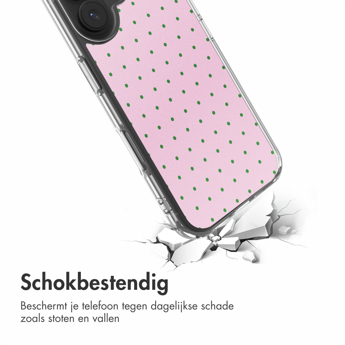 Roze telefoonhoes met groene stippen valt op witte ondergrond.