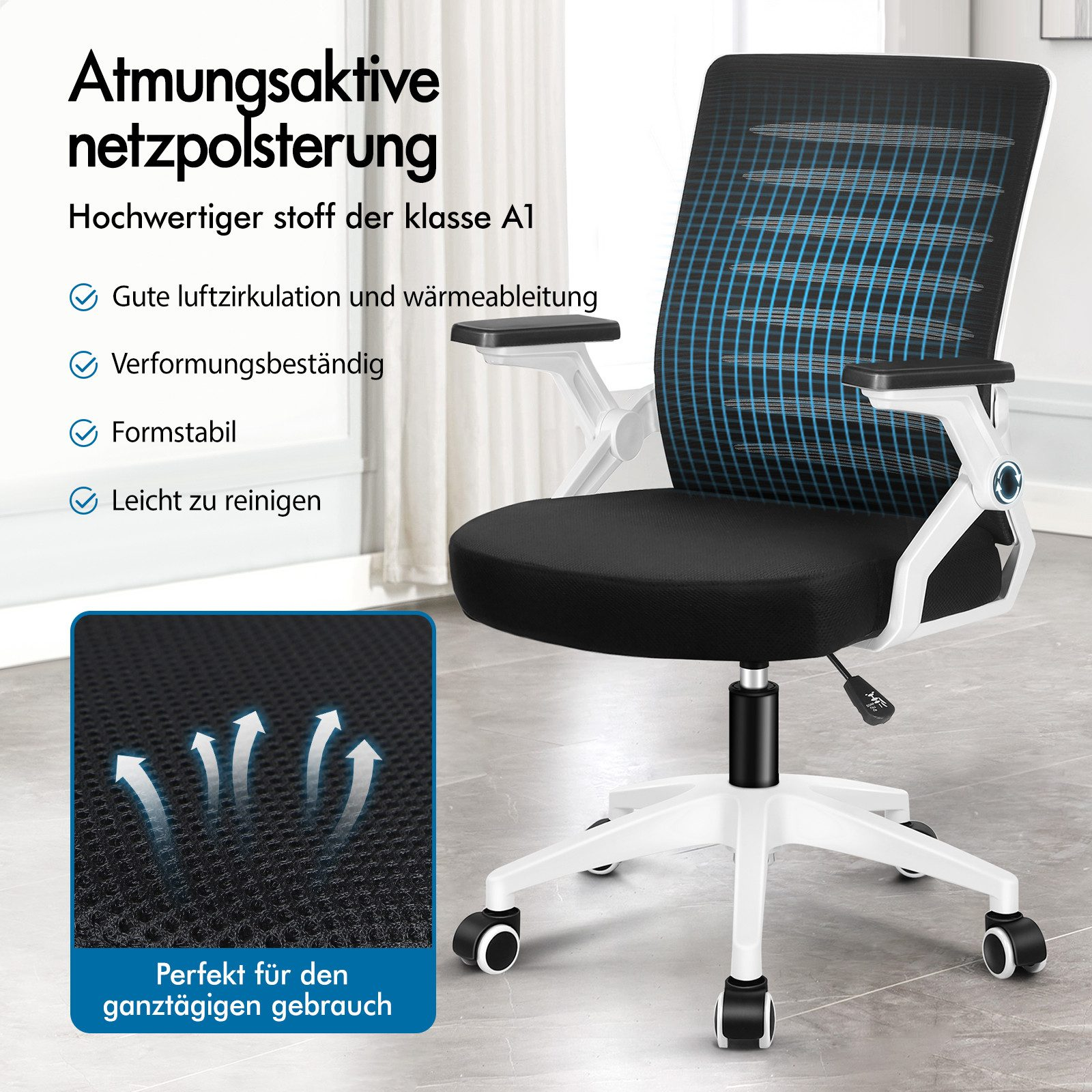 Schwarzer Bürostuhl mit Netzrückenlehne, weißem Gestell und Rollen.