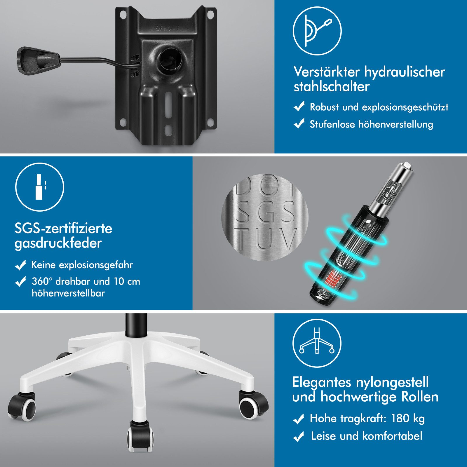 Bürostuhlkomponenten: Gasdruckfeder, Stahlgestell, SGS-Siegel, Rollen.