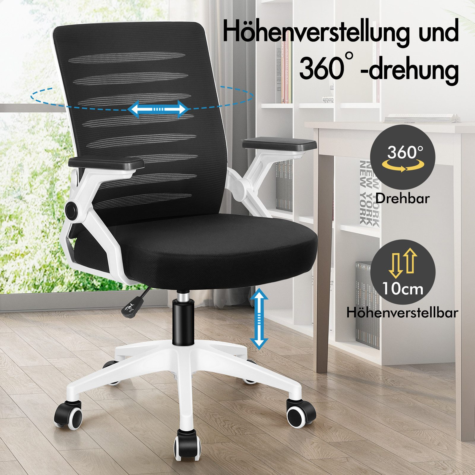 Schwarzer Bürostuhl mit weißem Gestell, 360° drehbar und höhenverstellbar.