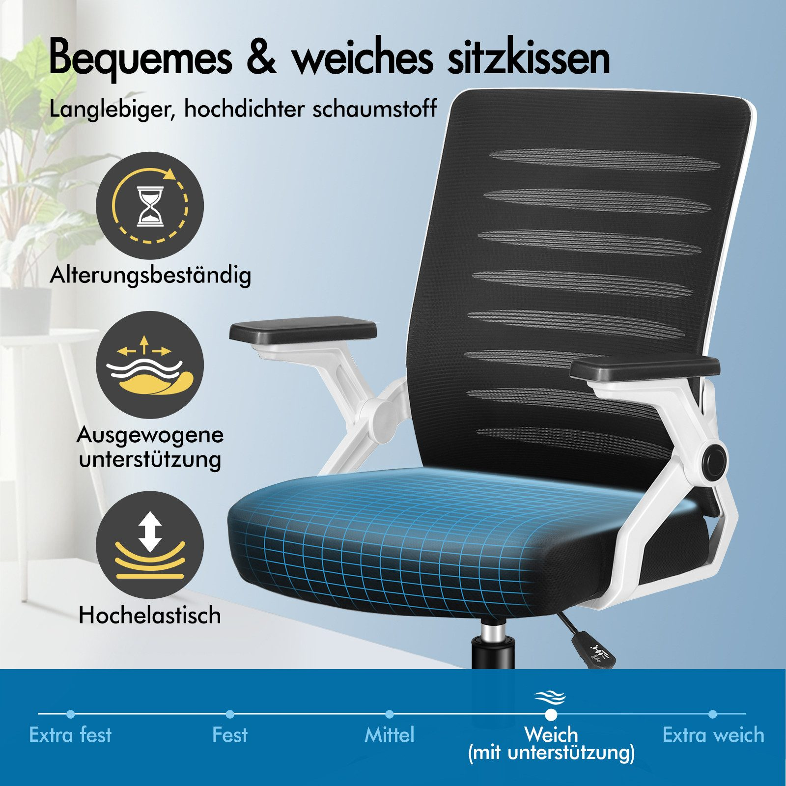 Bürostuhl mit Netzrücken, Kissen und Armlehnen. Icons zeigen Langlebigkeit, Unterstützung und Elastizität.