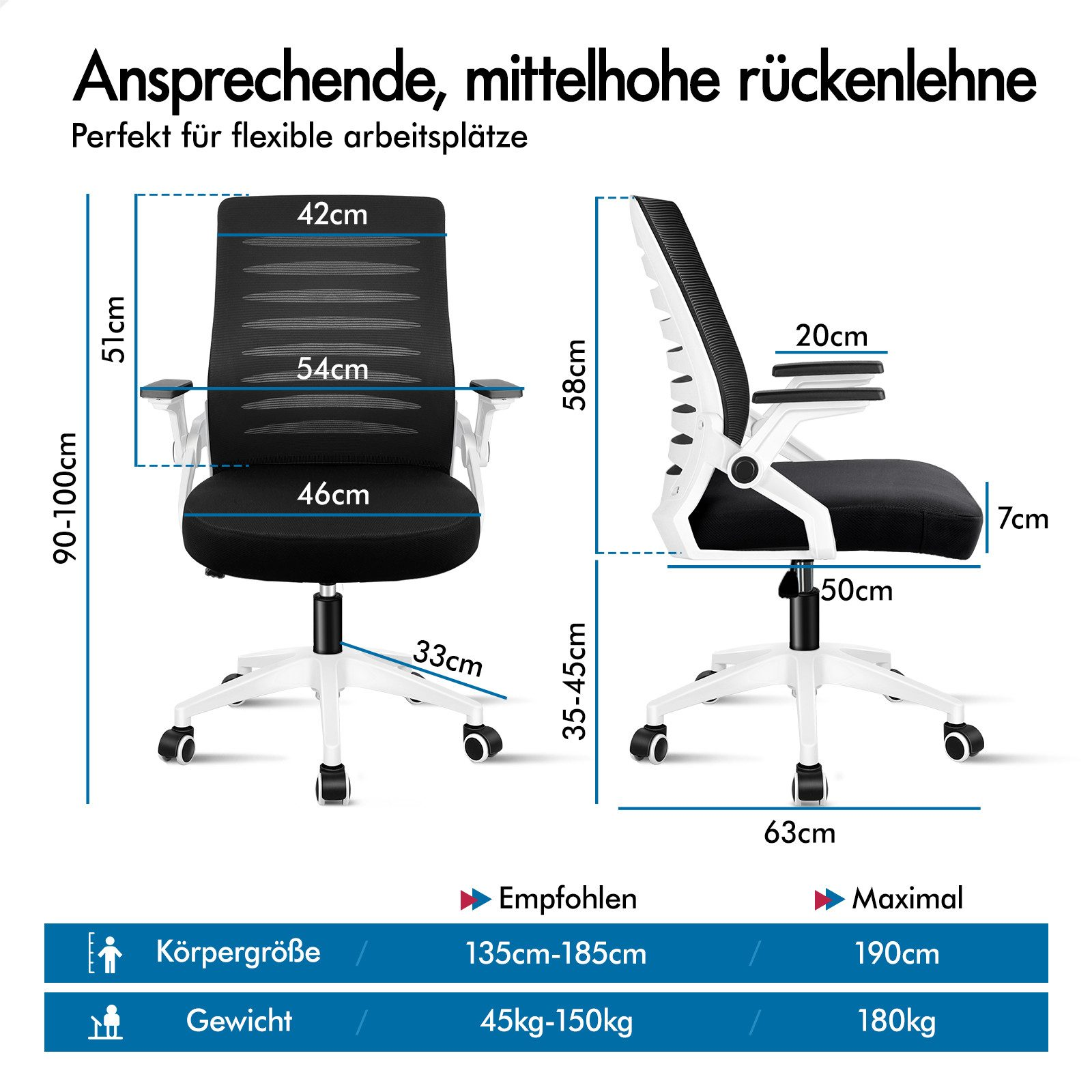 Ein schwarzer Bürostuhl mit Maßen und Verstellmöglichkeiten.