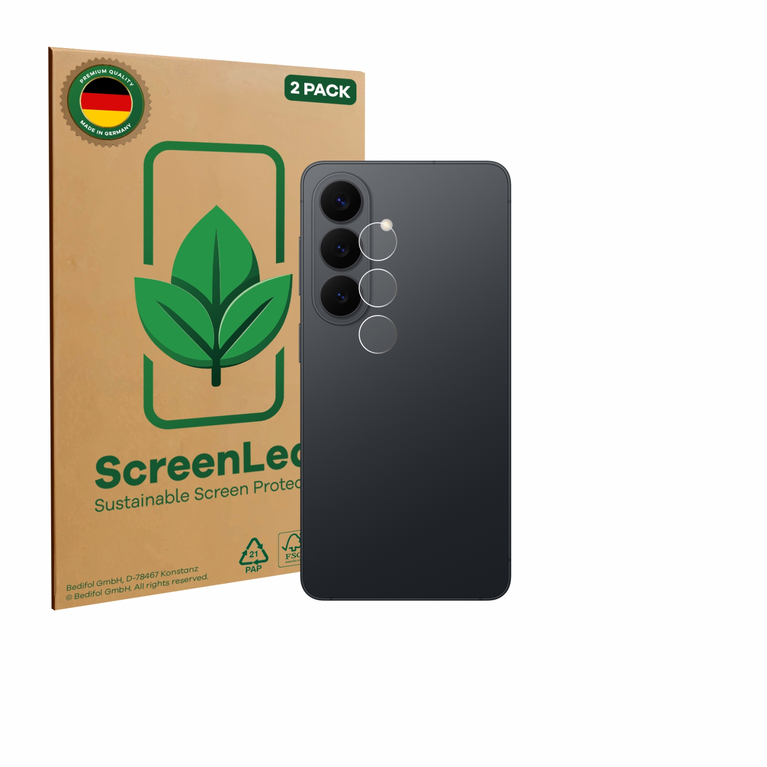 Ein dunkles Smartphone mit drei Kameras neben einer braunen Verpackung für Displayschutzfolien.