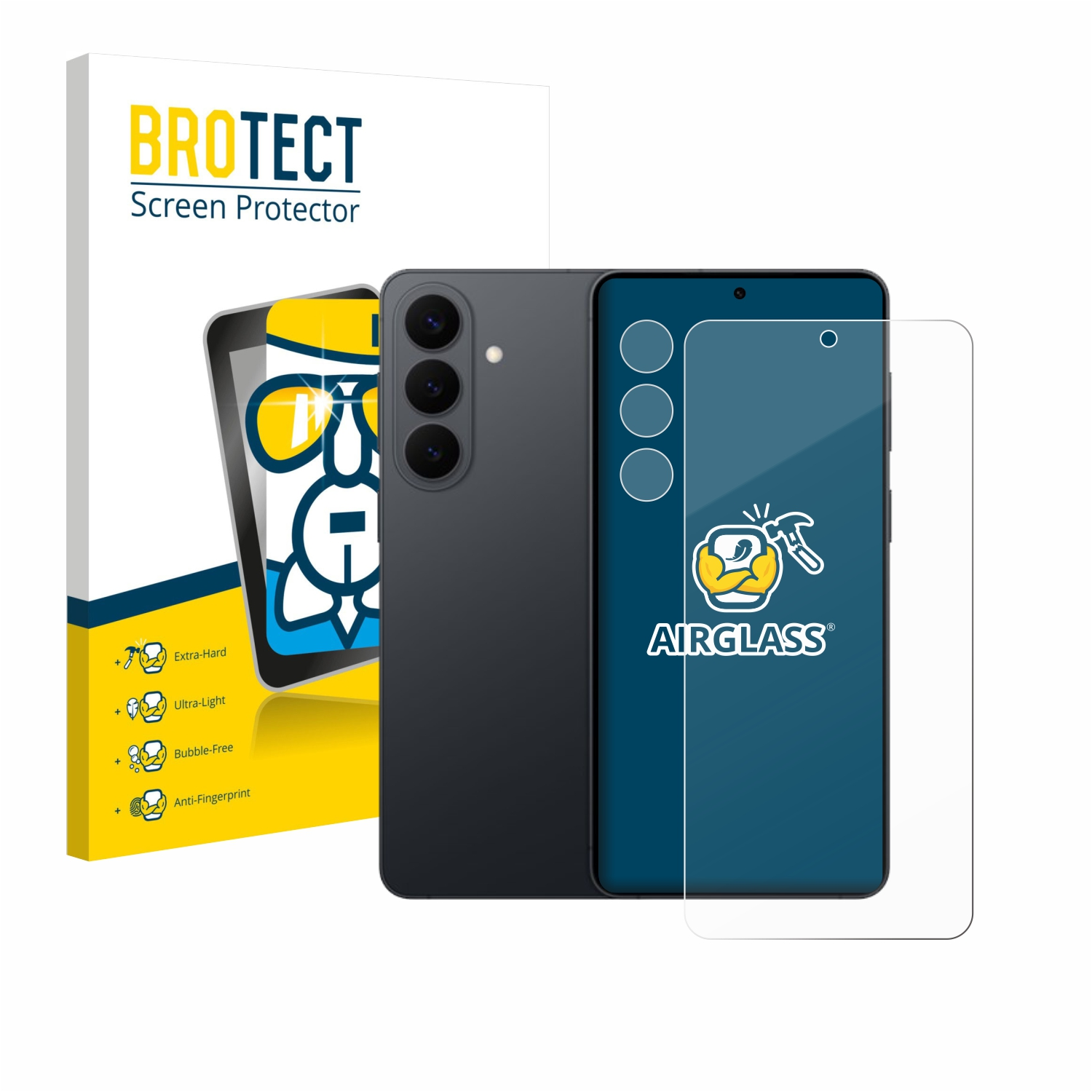 Schwarzes Smartphone mit Displayschutzfolie und Verpackung. Mit Text.