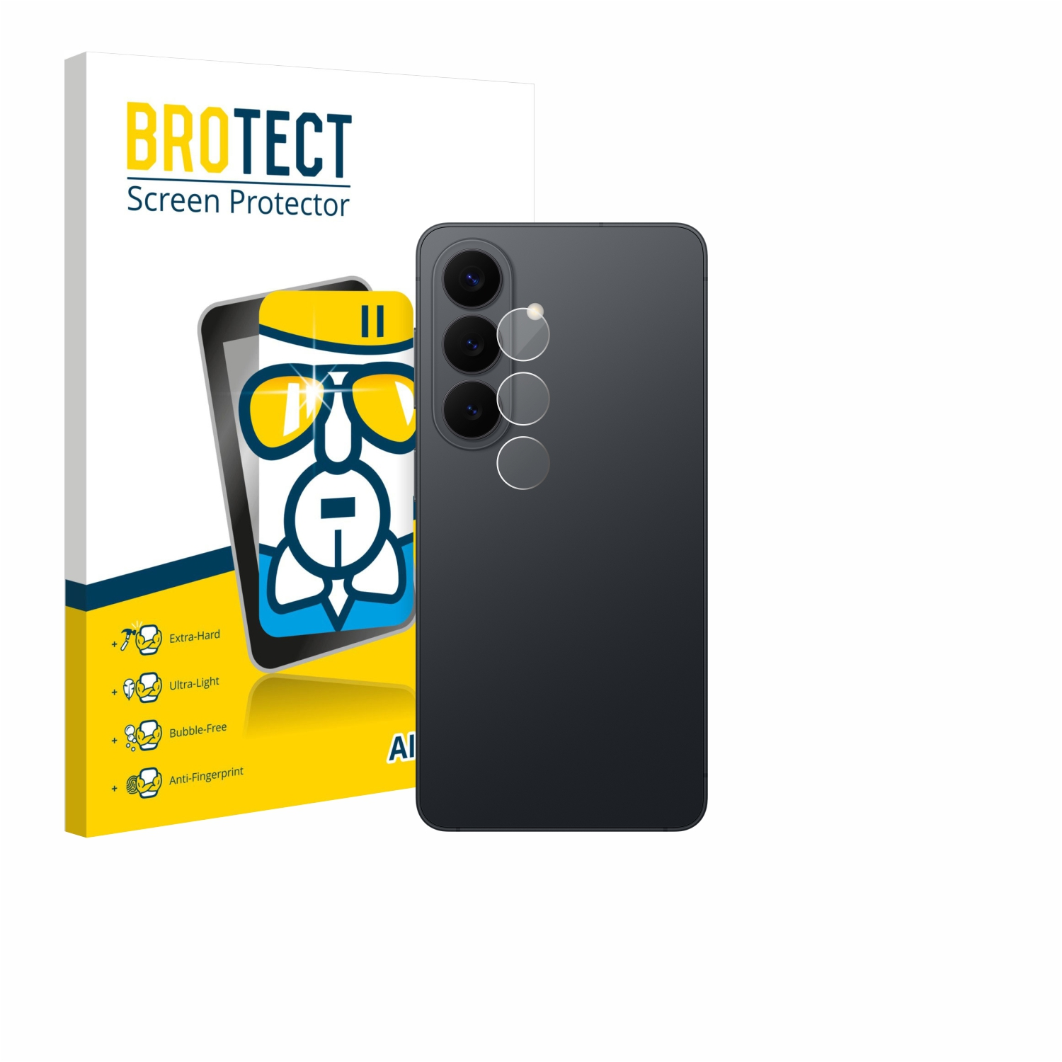 Packung mit Displayschutzfolie und dunklem Smartphone mit drei Kameras.
