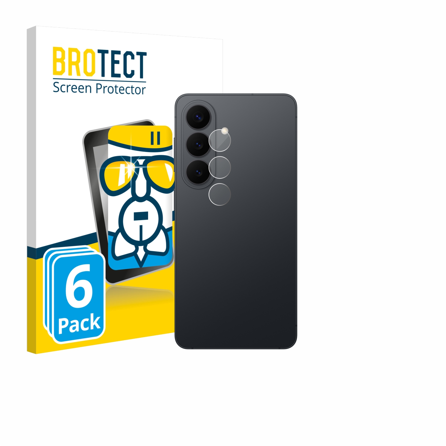 Schwarzes Smartphone mit 3 Linsen auf der Rückseite, daneben eine Packung Displayschutzfolien.
