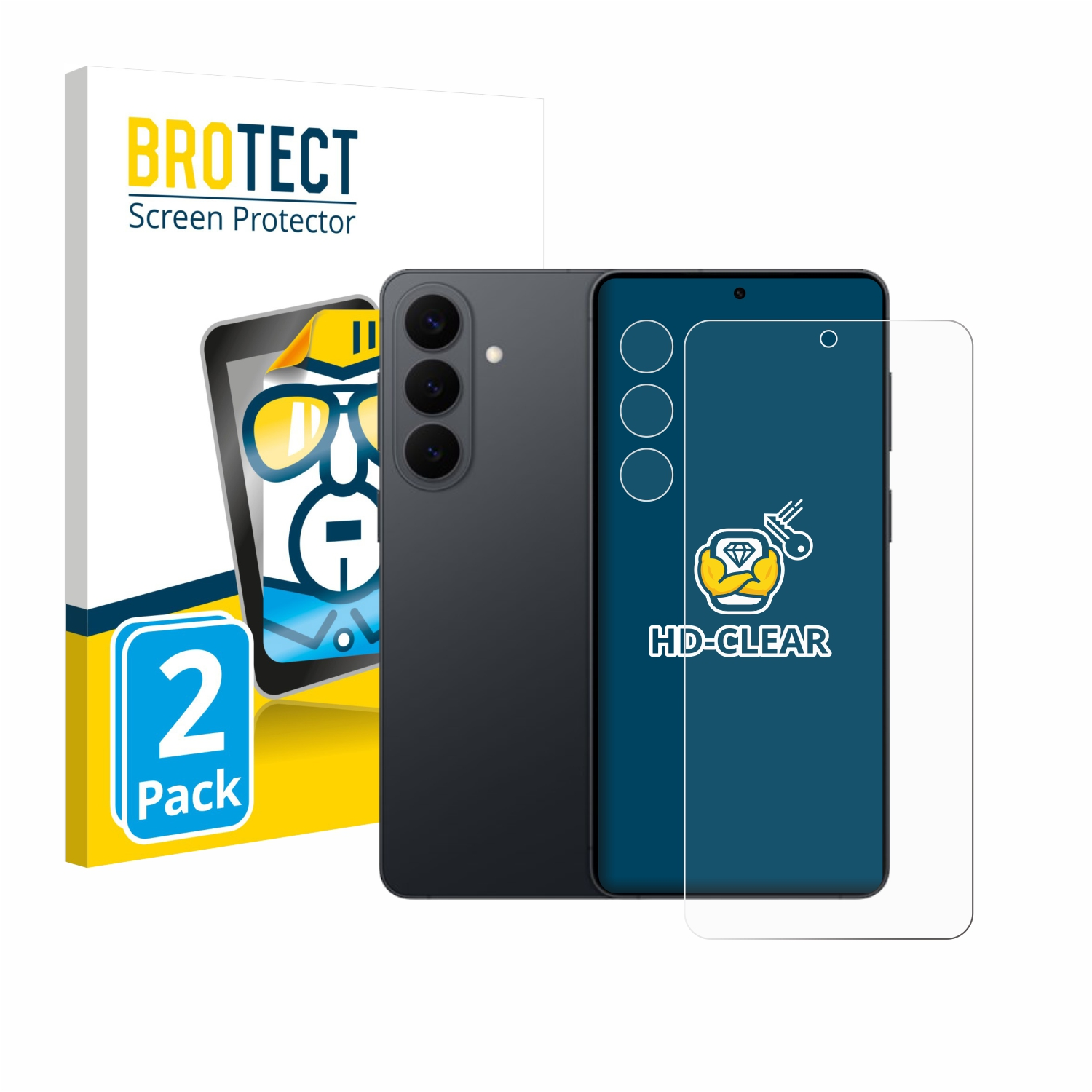 Ein Smartphone mit vier Kameras und einer Displayschutzfolie daneben.