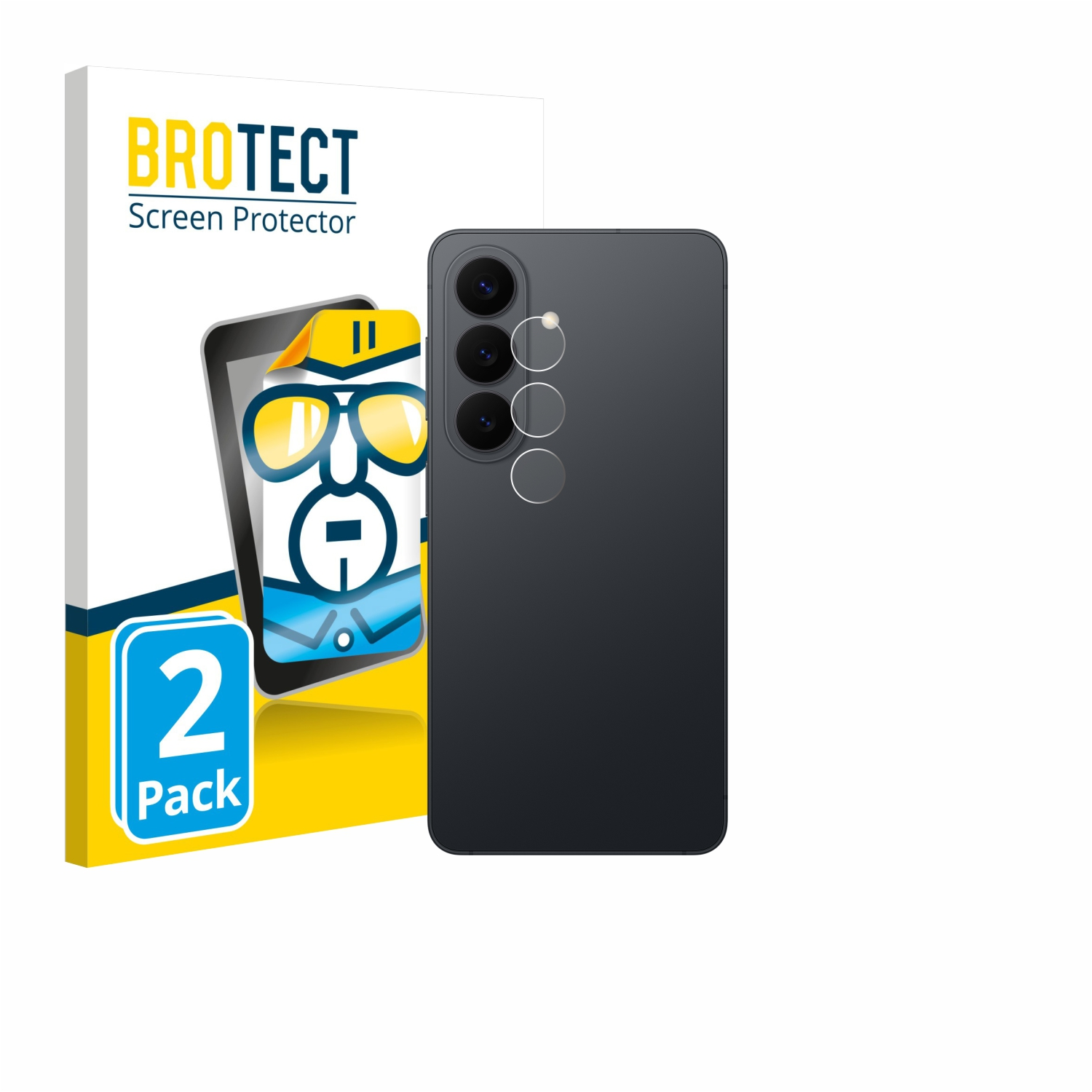 Packung mit Displayschutzfolien und einem Smartphone mit drei Kameras.