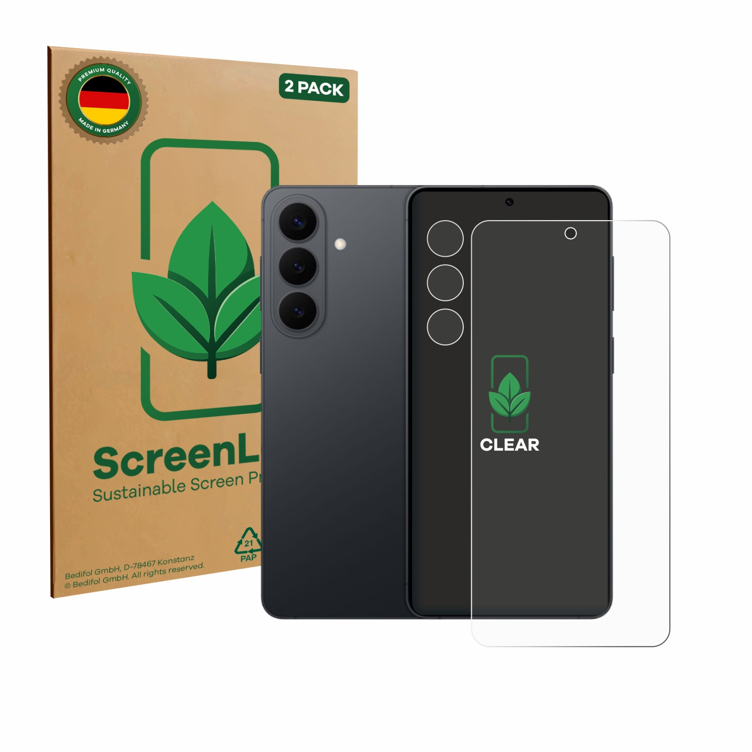 Eine dunkelgraue Handy-Rückseite und eine Displayschutzfolie liegen neben einer Verpackung.