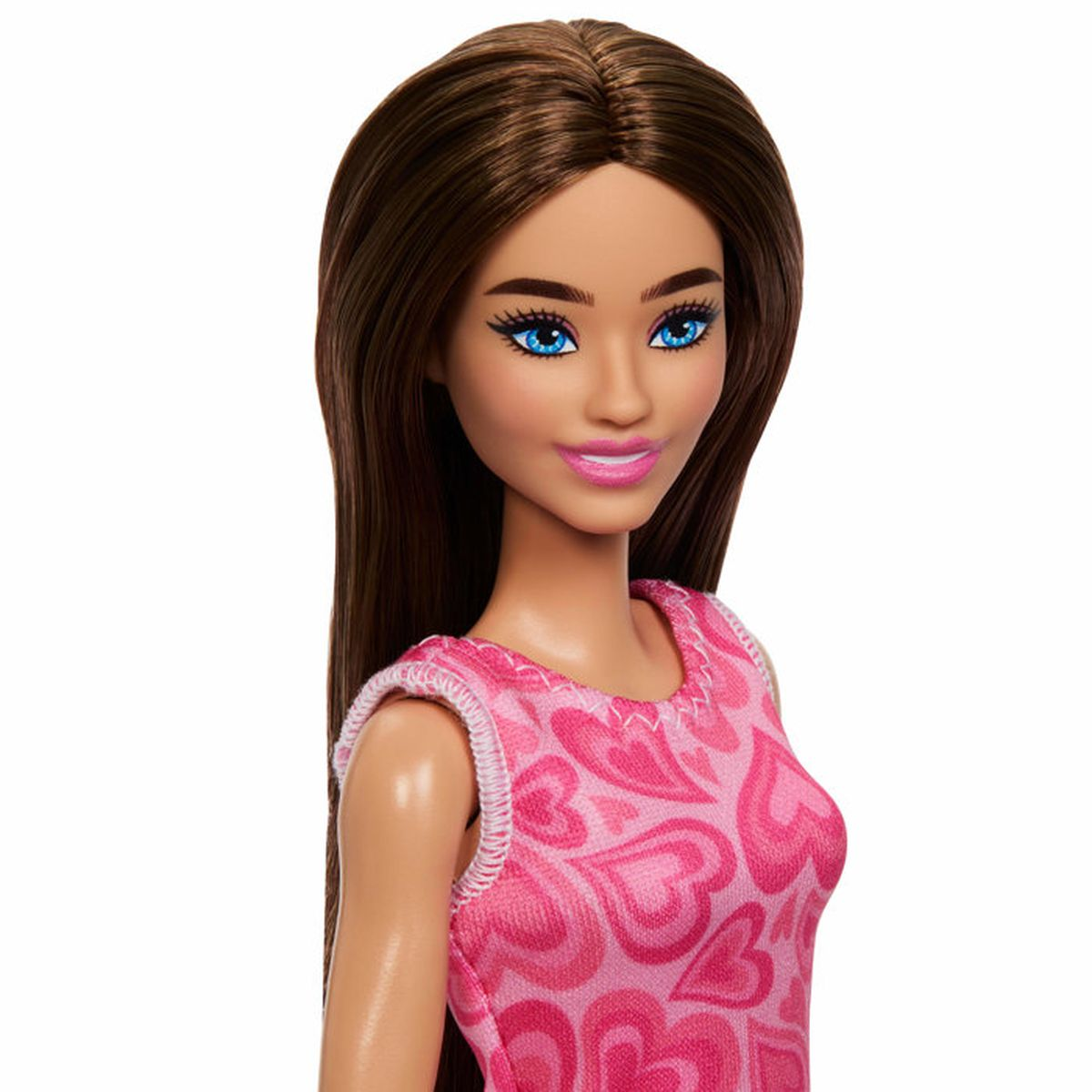 Barbie-Puppe mit langen braunen Haaren und blauem Augen in pinkfarbenem Kleid mit Herzen.