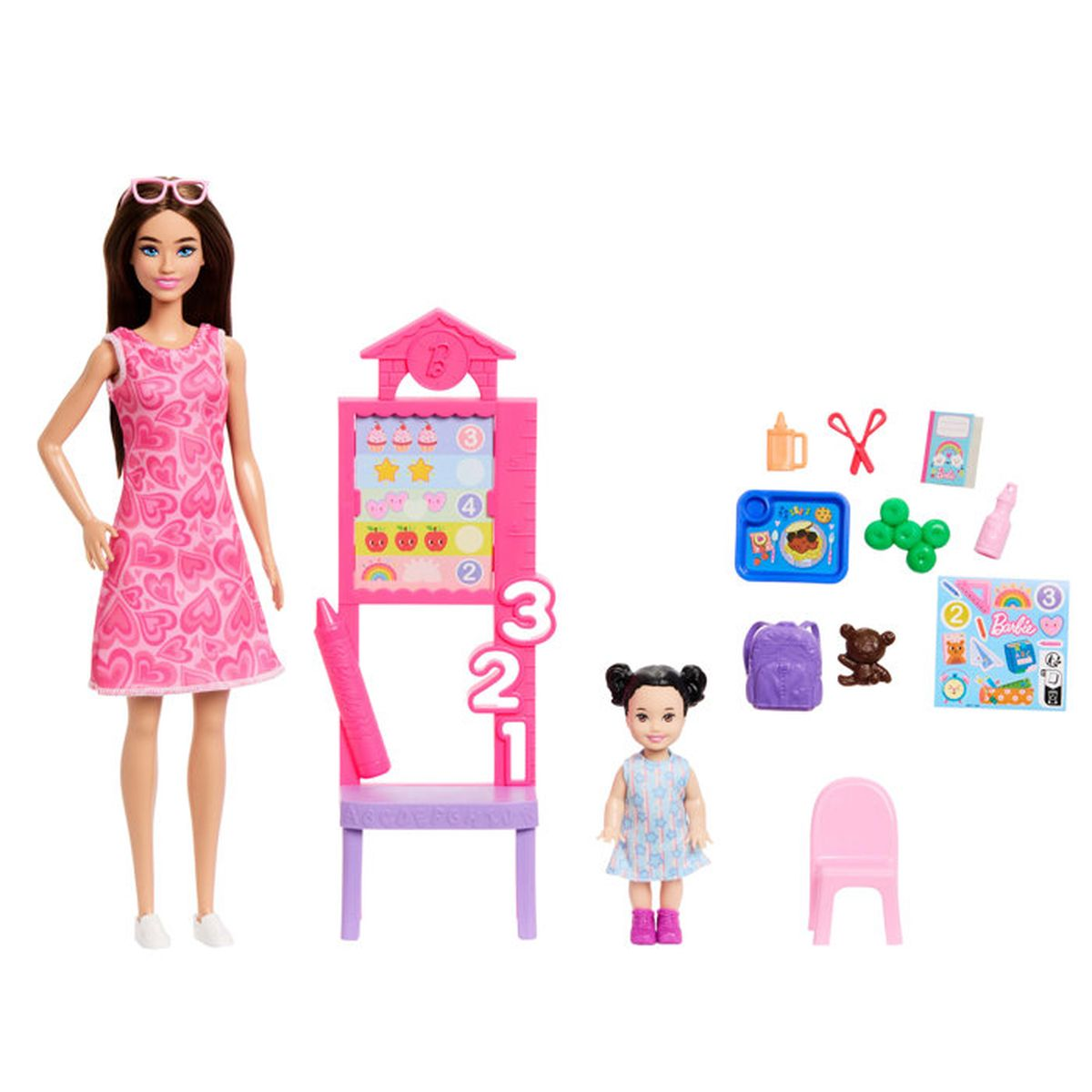 Barbie-Puppe mit pinkem Kleid, Spieltafel, kleiner Puppe und Zubehör.