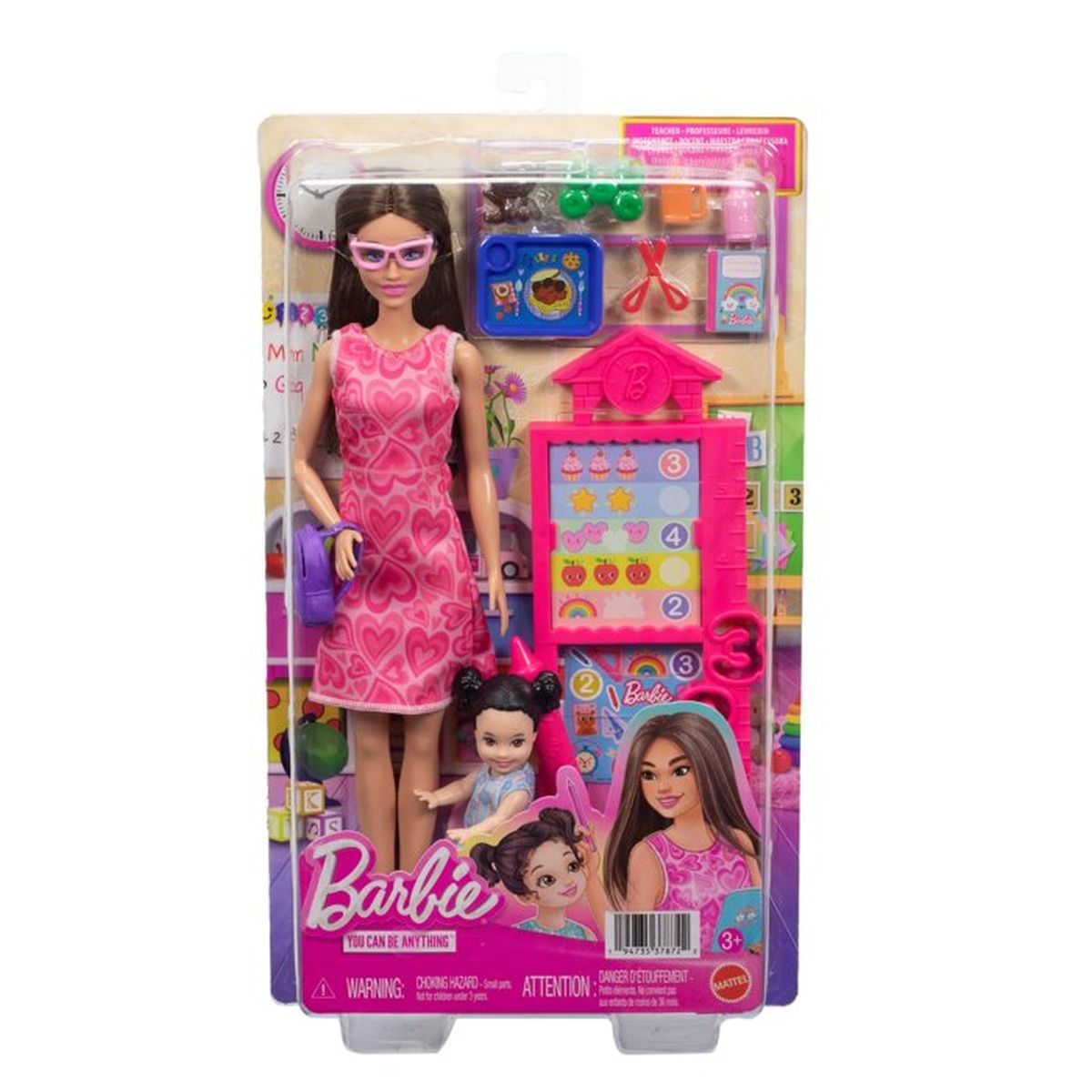 Barbie-Lehrerpuppe mit Zubehör: Tafel, kleine Puppen, Tasche und Schulutensilien.
