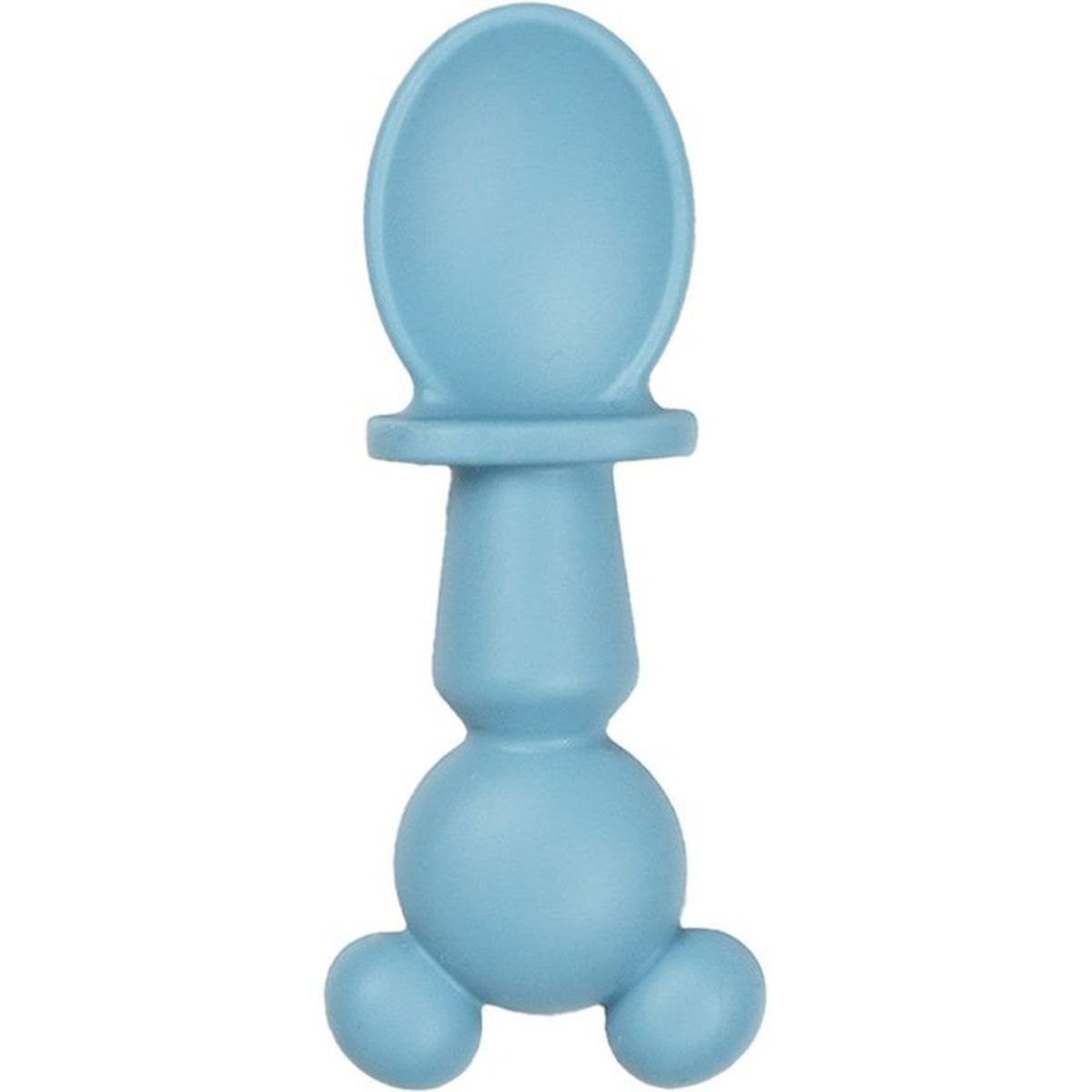 Ein blauer Babybeißring in Form eines Löffels mit einem Griff.