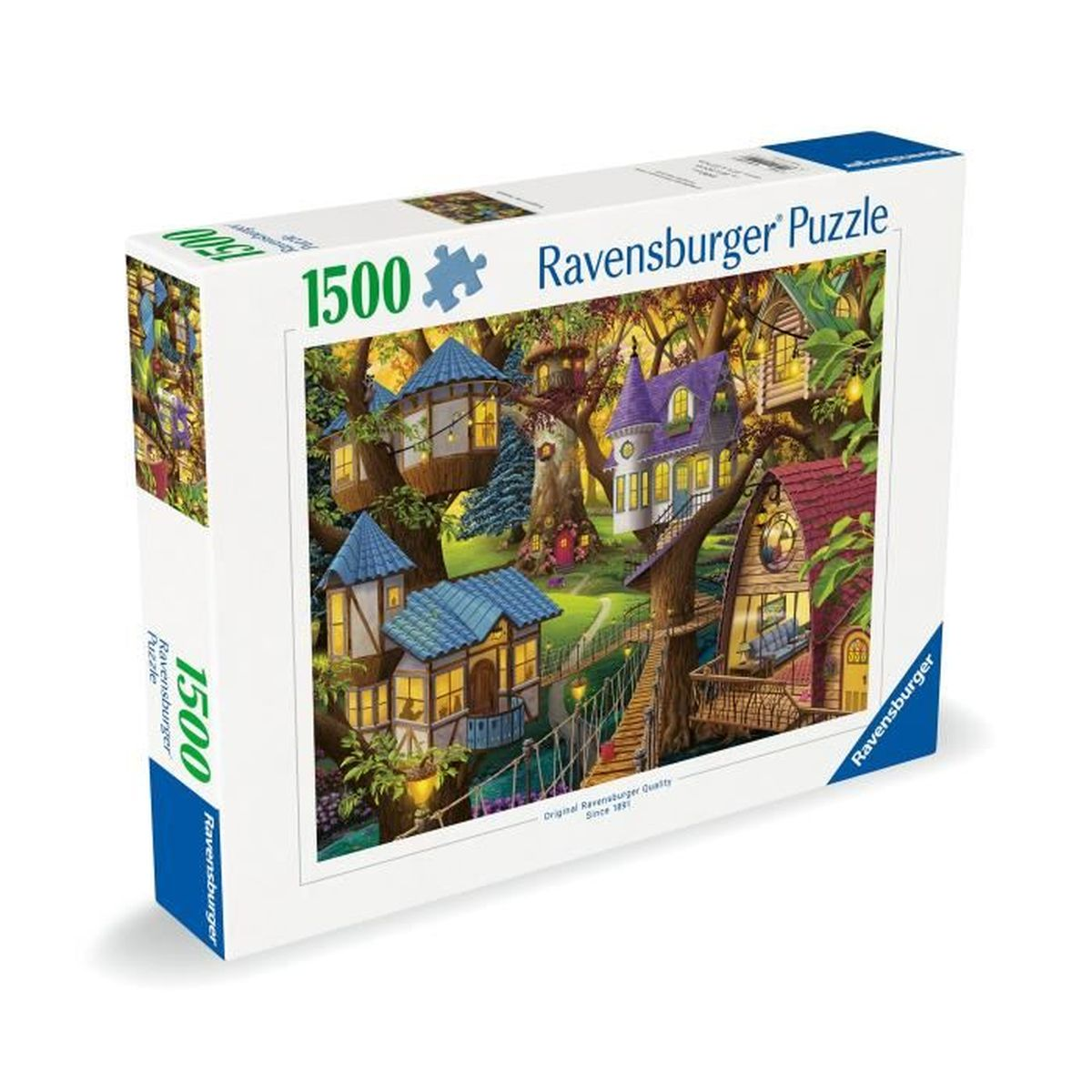 Ravensburger 1500 stukjes puzzel: verlichte boomhutten met bruggen in een bos.