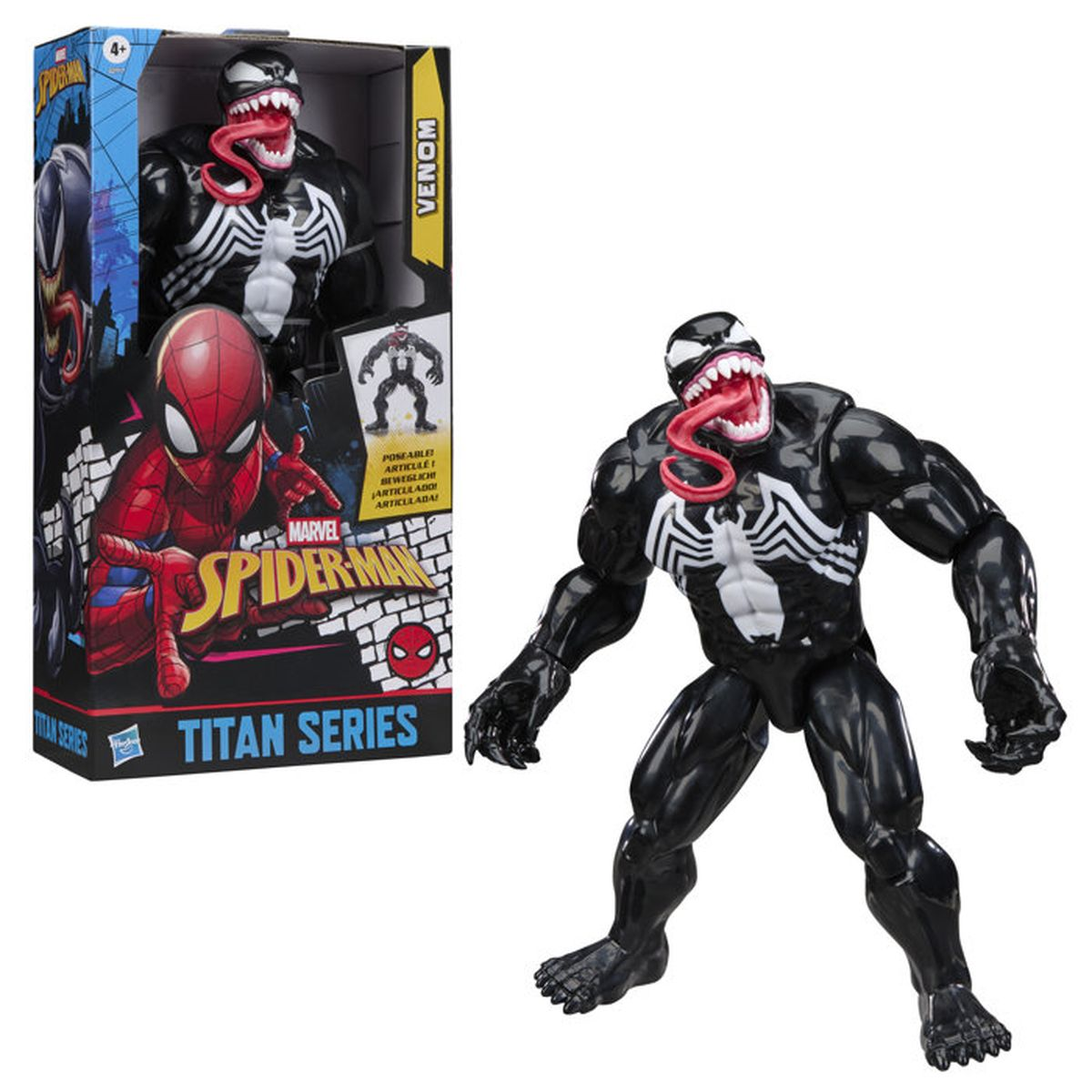 Venom-Figur in schwarzer Kleidung mit weißem Spinnen-Symbol und roter Zunge.
