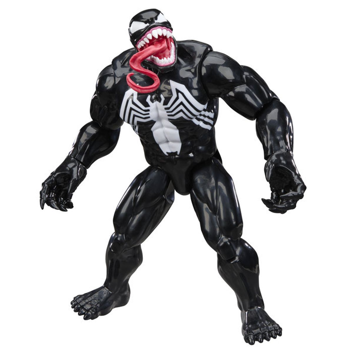 Eine schwarze Venom-Figur mit weißem Spinnen-Symbol auf der Brust und heraushängender Zunge.