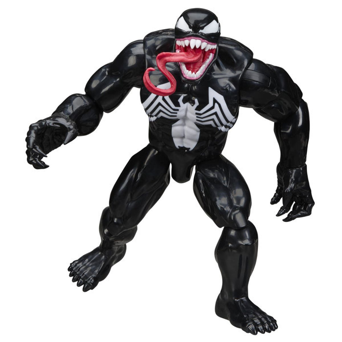 Schwarze Venom-Figur mit weißem Spinnenlogo, spitzen Zähnen und roter Zunge.