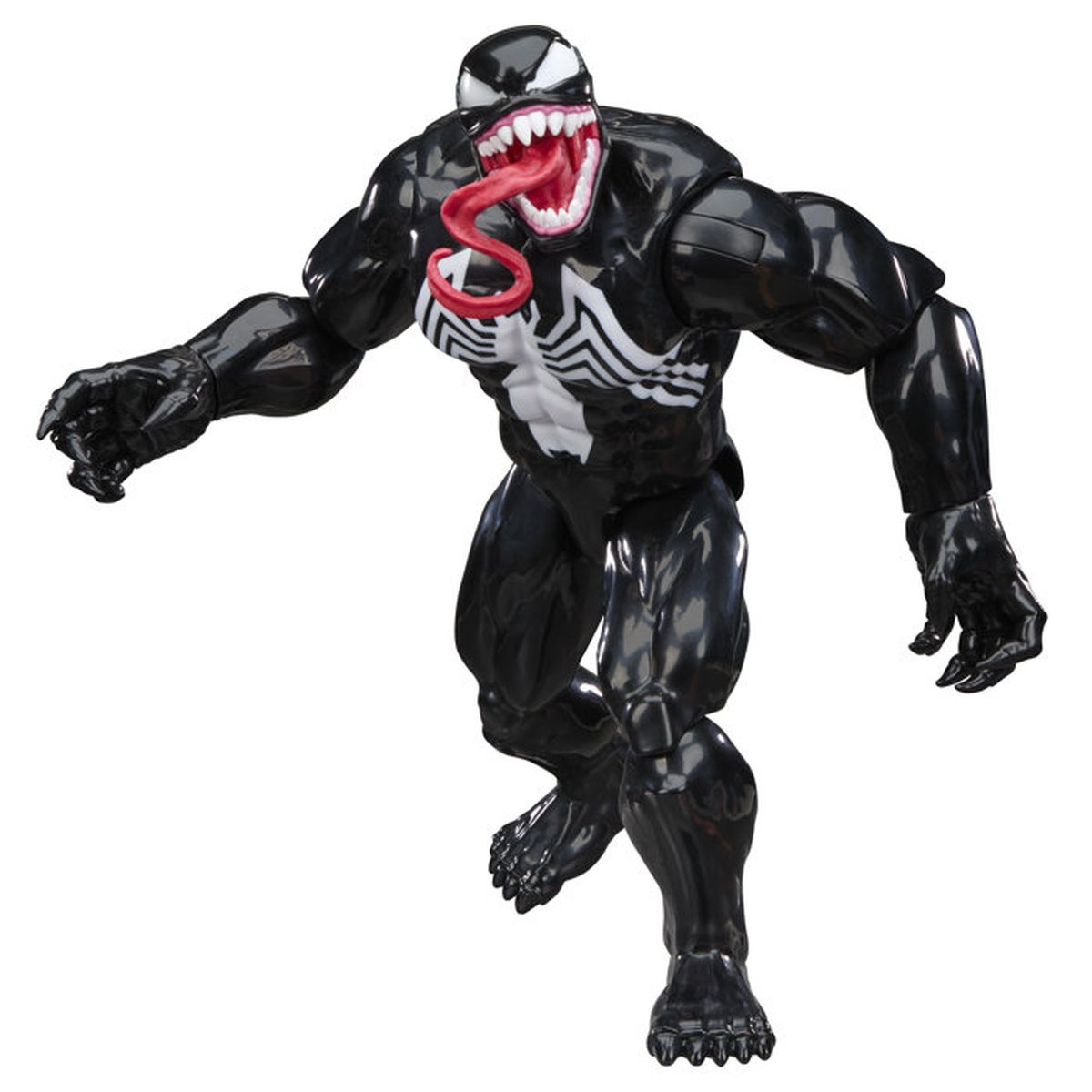 Eine schwarze Venom-Actionfigur mit weißem Brustsymbol und langer Zunge.