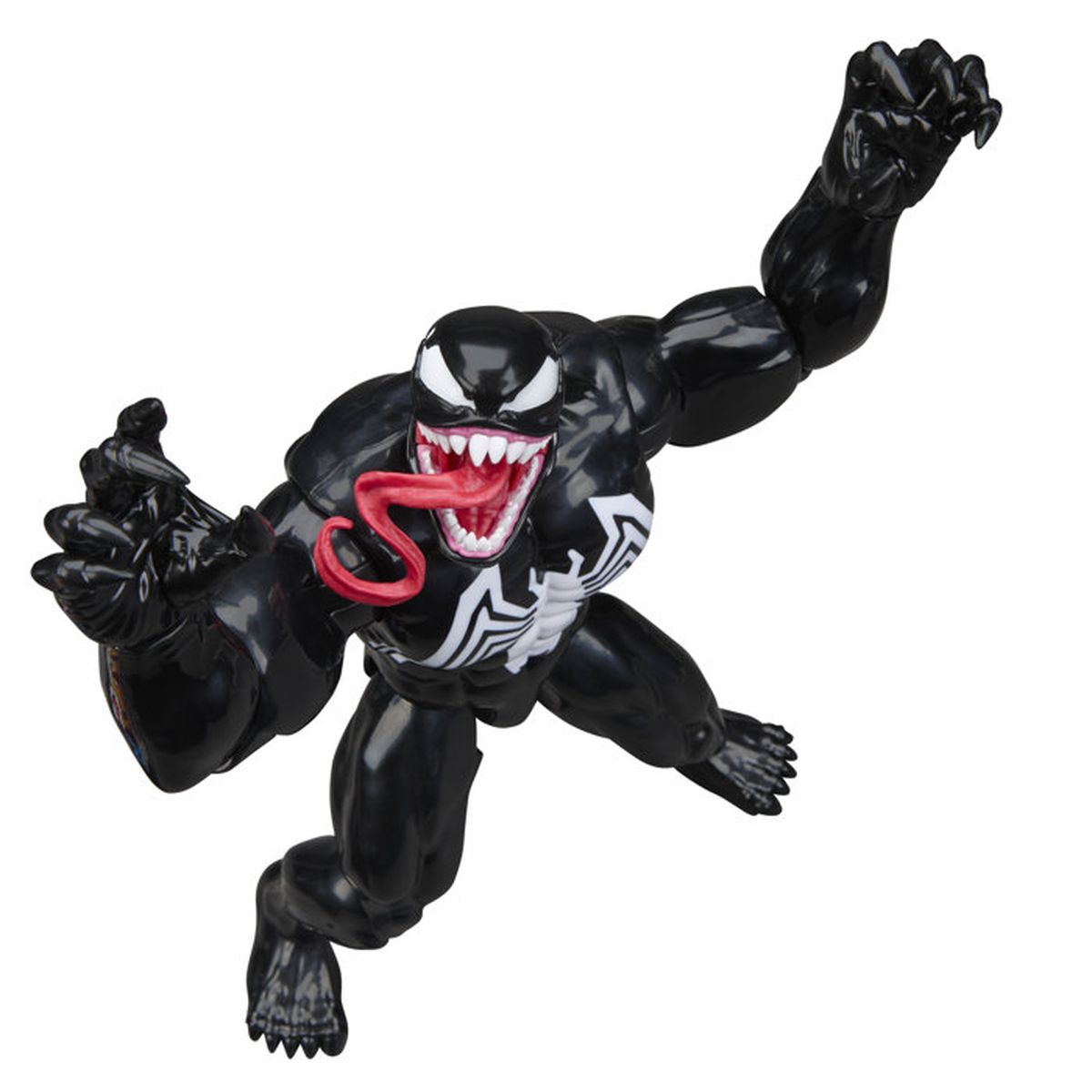 Venom-Figur mit schwarzem Anzug, weißem Logo, roter Zunge und weißen Zähnen.