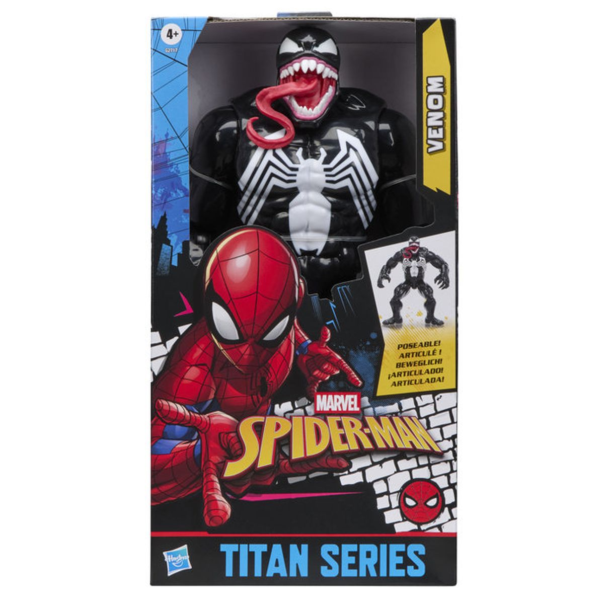 Verpackung einer Venom-Actionfigur mit Spiderman-Grafik. Venom hat einen langen roten Zunge.