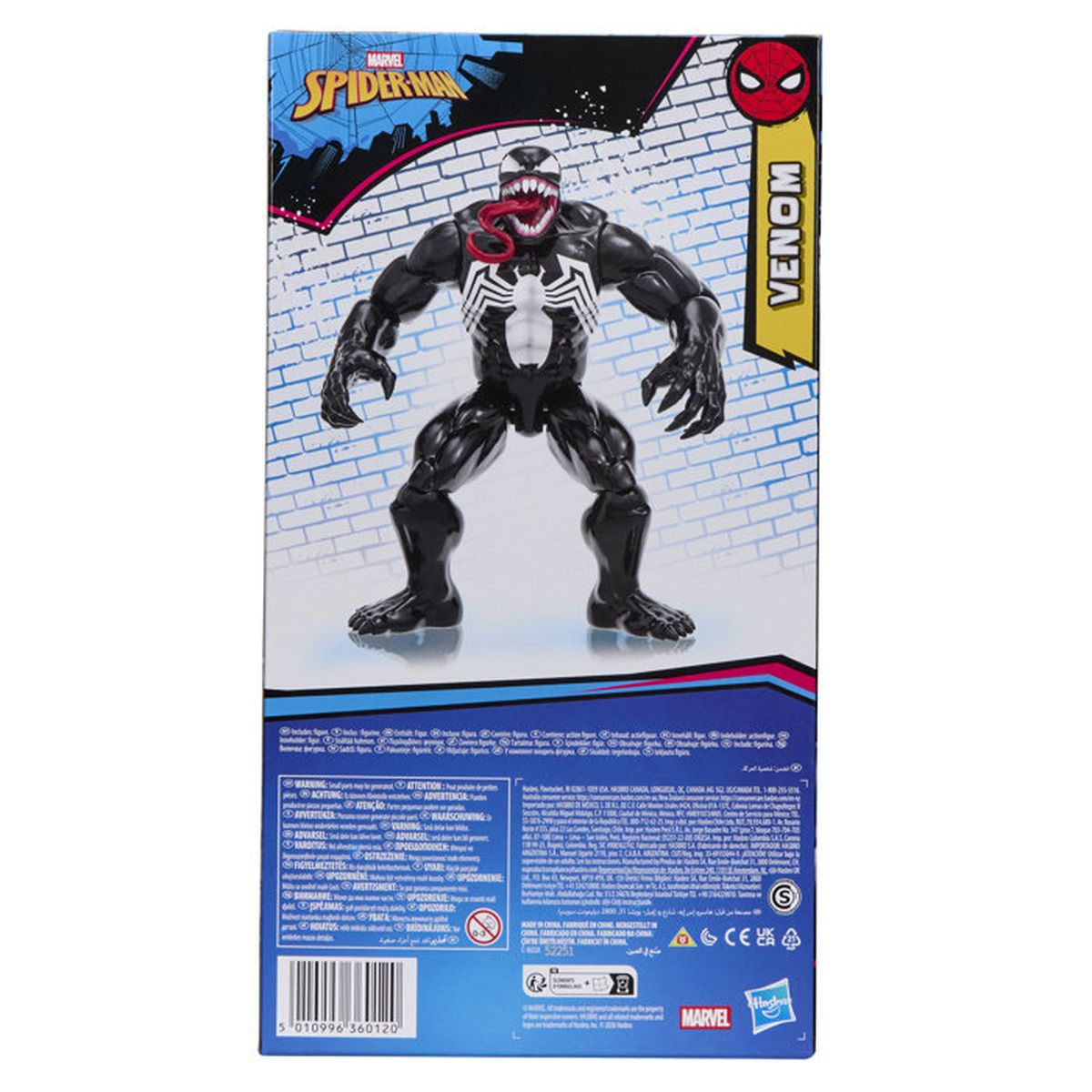 Venom-Actionfigur mit offenem Mund und heraushängender Zunge, auf dem Spiderman-Verpackungsrücken.