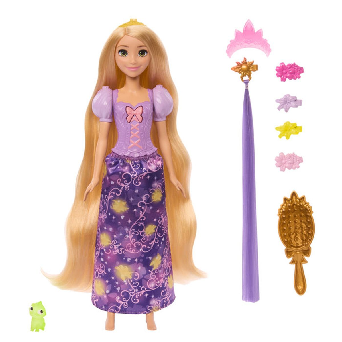 Rapunzel-Puppe mit langen blonden Haaren, lila Kleid und Accessoires: Krone, Zauberstab, Haarspangen, Spiegel, Pascal.