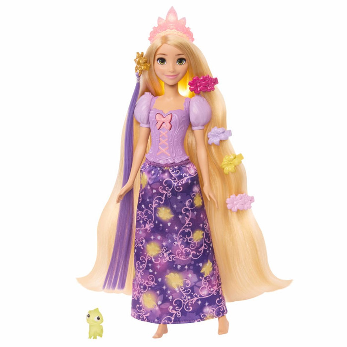 Rapunzel Puppe mit langem blondem Haar, Tiara, lila Kleid und Pascal-Figur.