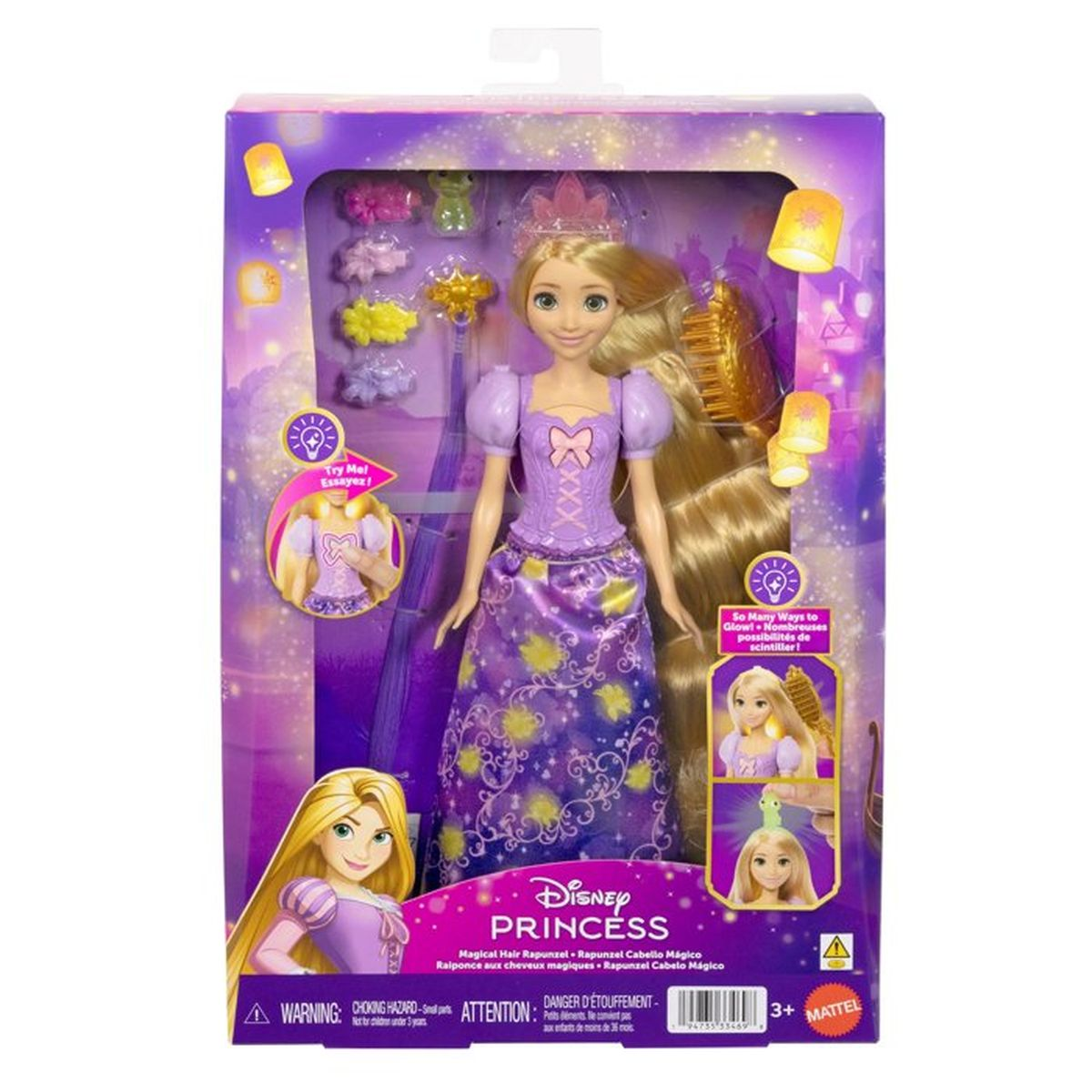 Rapunzel-Puppe im Karton mit Zubehör und Lichtern. Sie trägt ein lila Kleid.