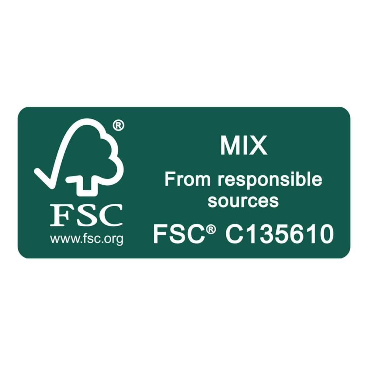 FSC MIX-Siegel mit Baum-Logo, Text 'From responsible sources'.