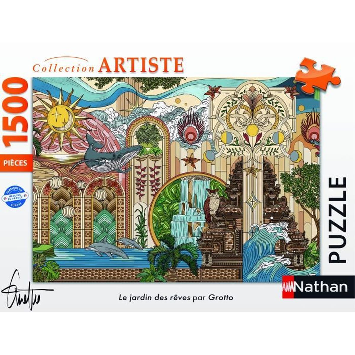 Colorata scena di puzzle con balena, delfini, gufo e tempio.