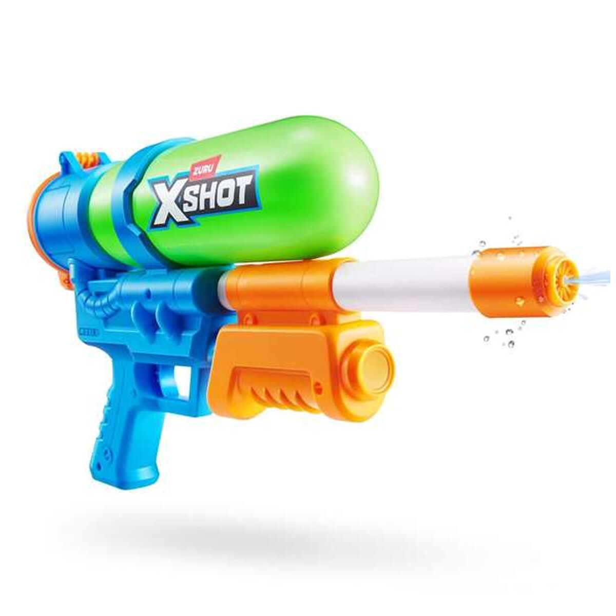 Blauer und oranger Wasserwerfer mit grünem Tank spritzt Wasser.