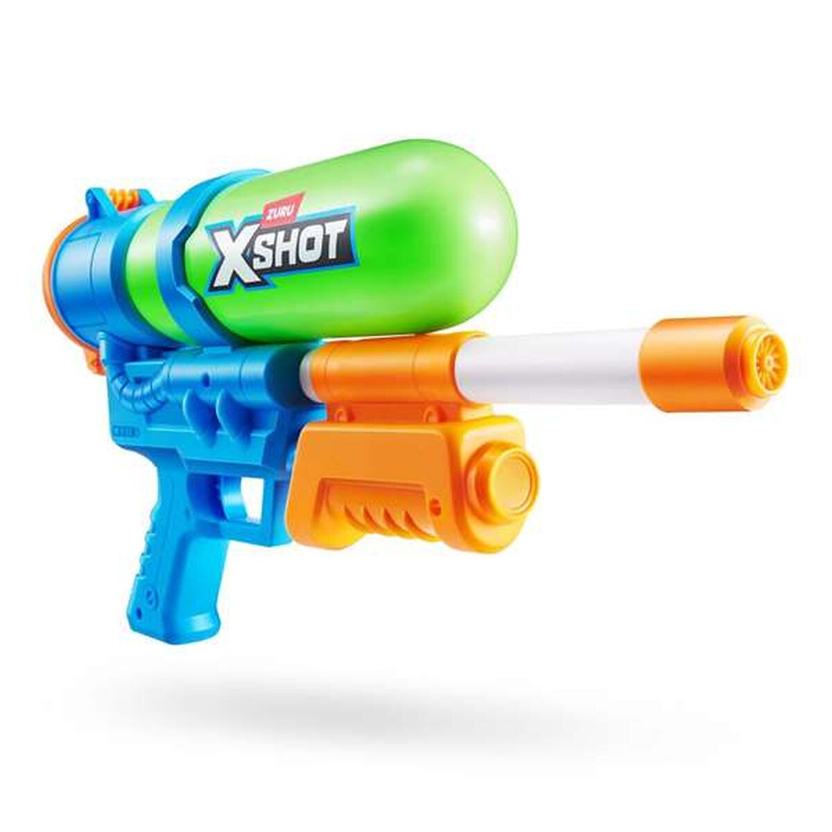 Ein blauer und orangefarbener Wasserwerfer mit einem grünen Tank und dem XSHOT-Logo.