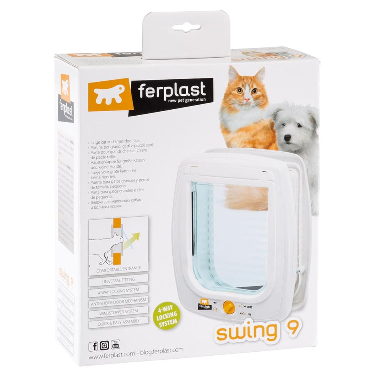Verpackung einer Ferplast Katzentür mit Hund und Katze.