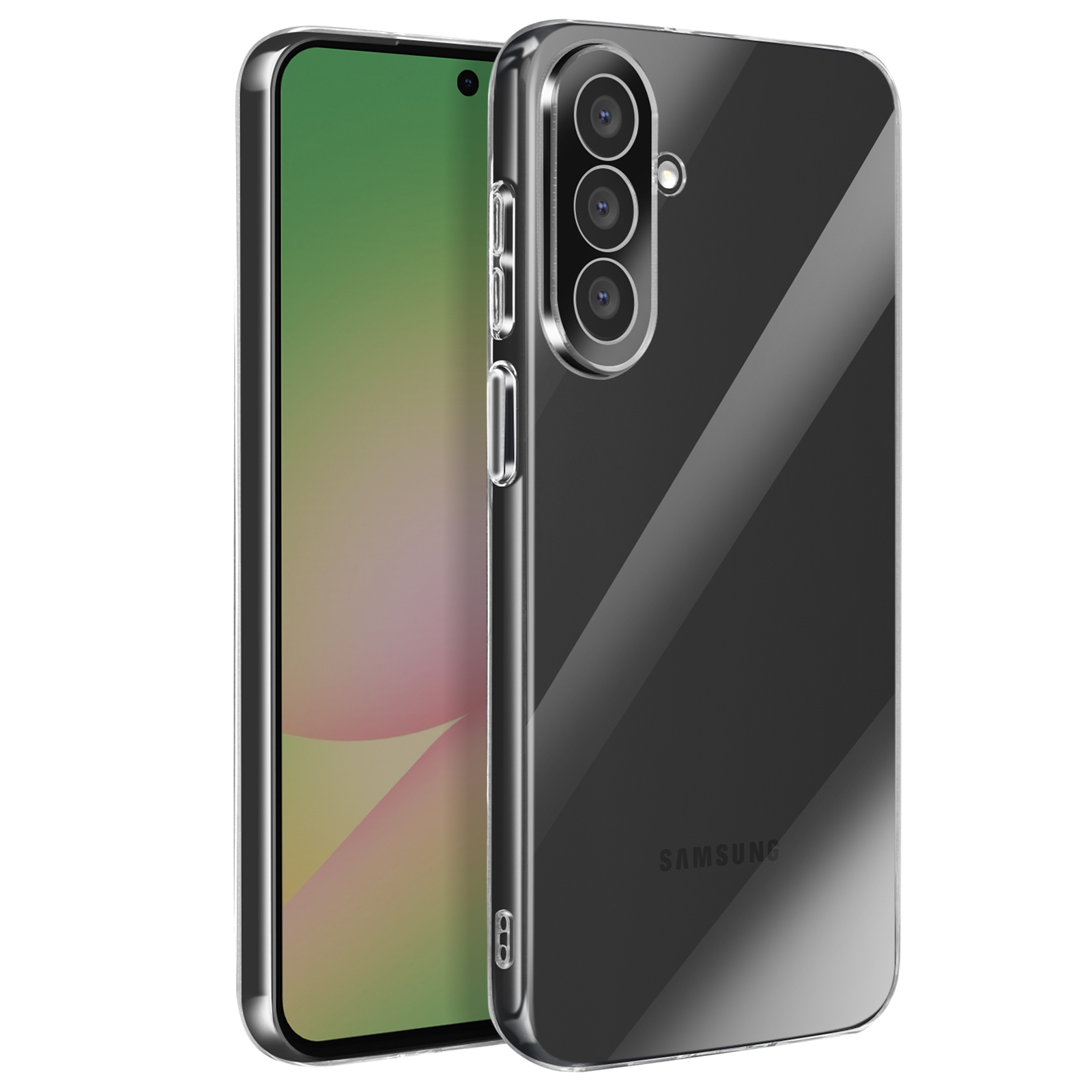 Coque de téléphone transparente montrant trois caméras et le logo Samsung.