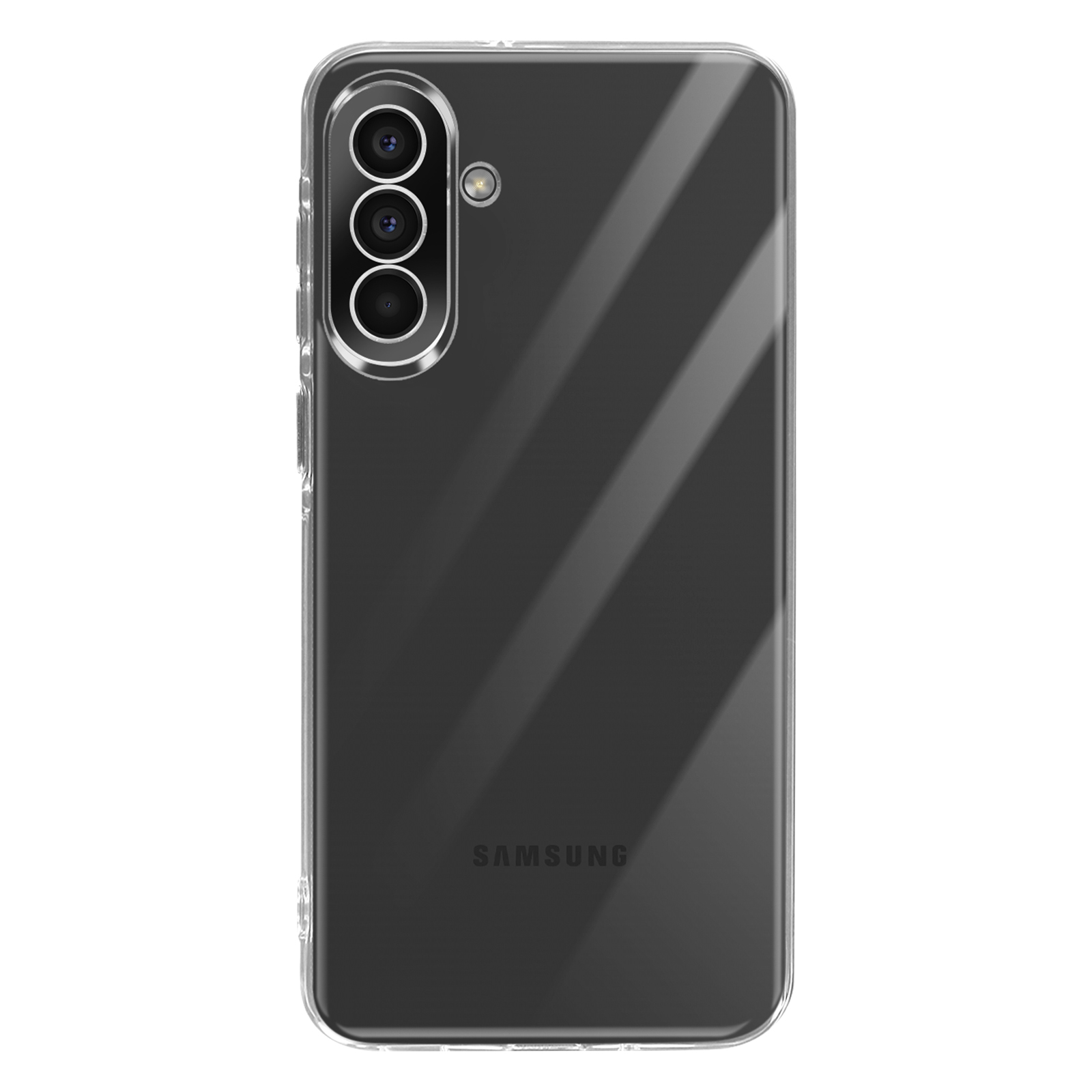 Une coque de téléphone transparente montrant trois caméras et le logo Samsung.
