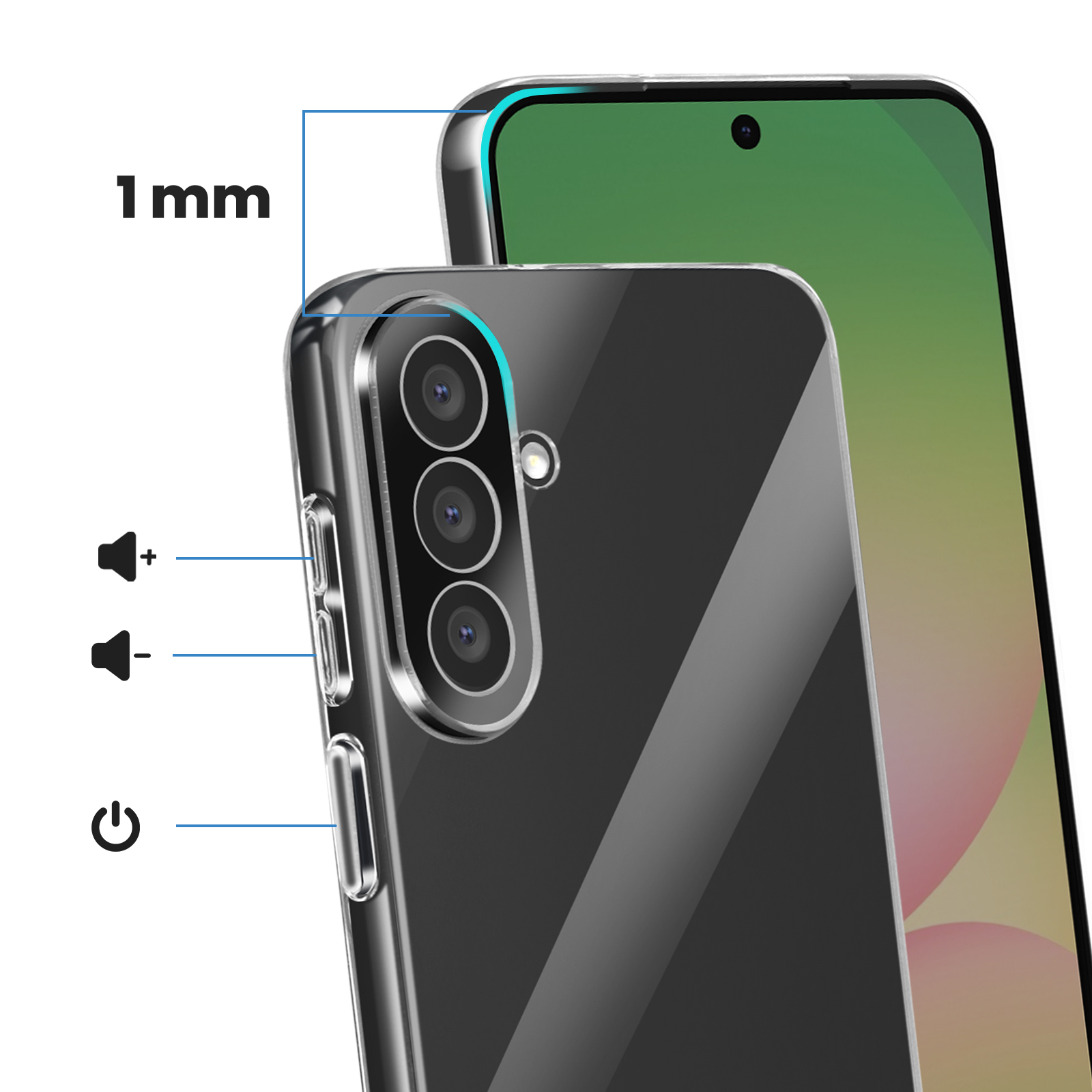 Coque de téléphone transparente avec bord de 1mm, trois caméras, boutons volume et alimentation.