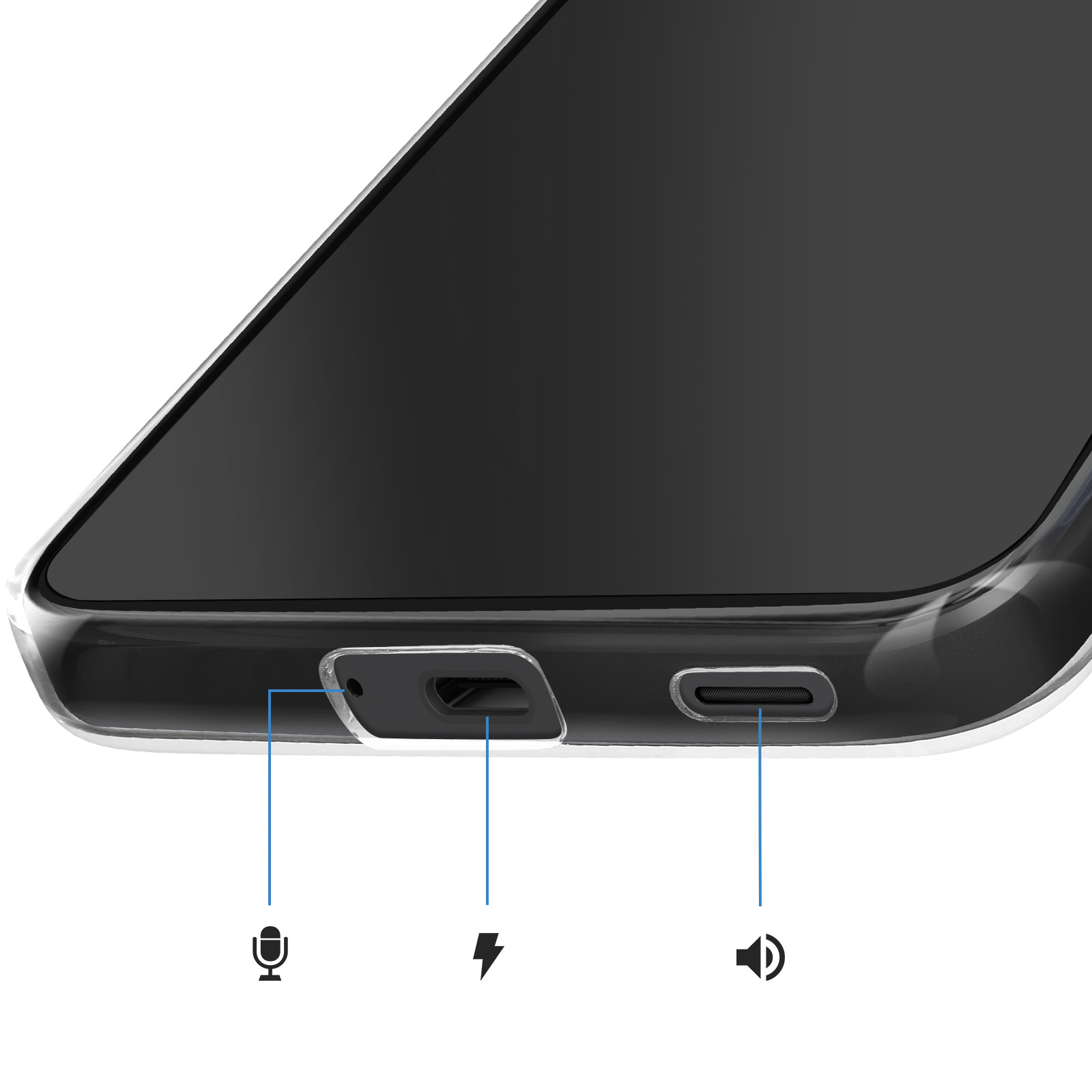 Gros plan du bord inférieur d'un smartphone montrant les ports et les icônes du micro, de la charge et du haut-parleur.
