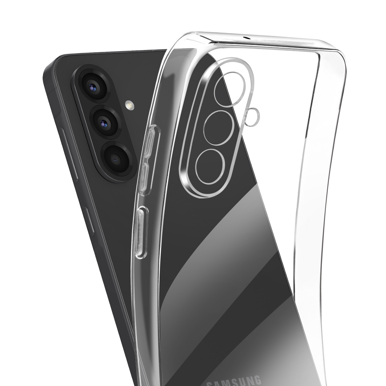 Une coque de téléphone transparente sur un téléphone noir à trois caméras.