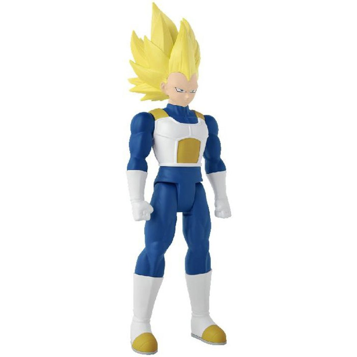 Una figura de acción de Vegeta con pelo amarillo puntiagudo y armadura azul, blanca y amarilla.