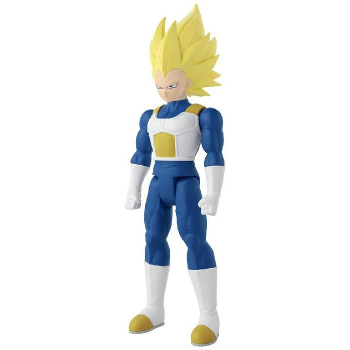 Figura de acción de Vegeta con pelo amarillo, traje azul y armadura blanca.