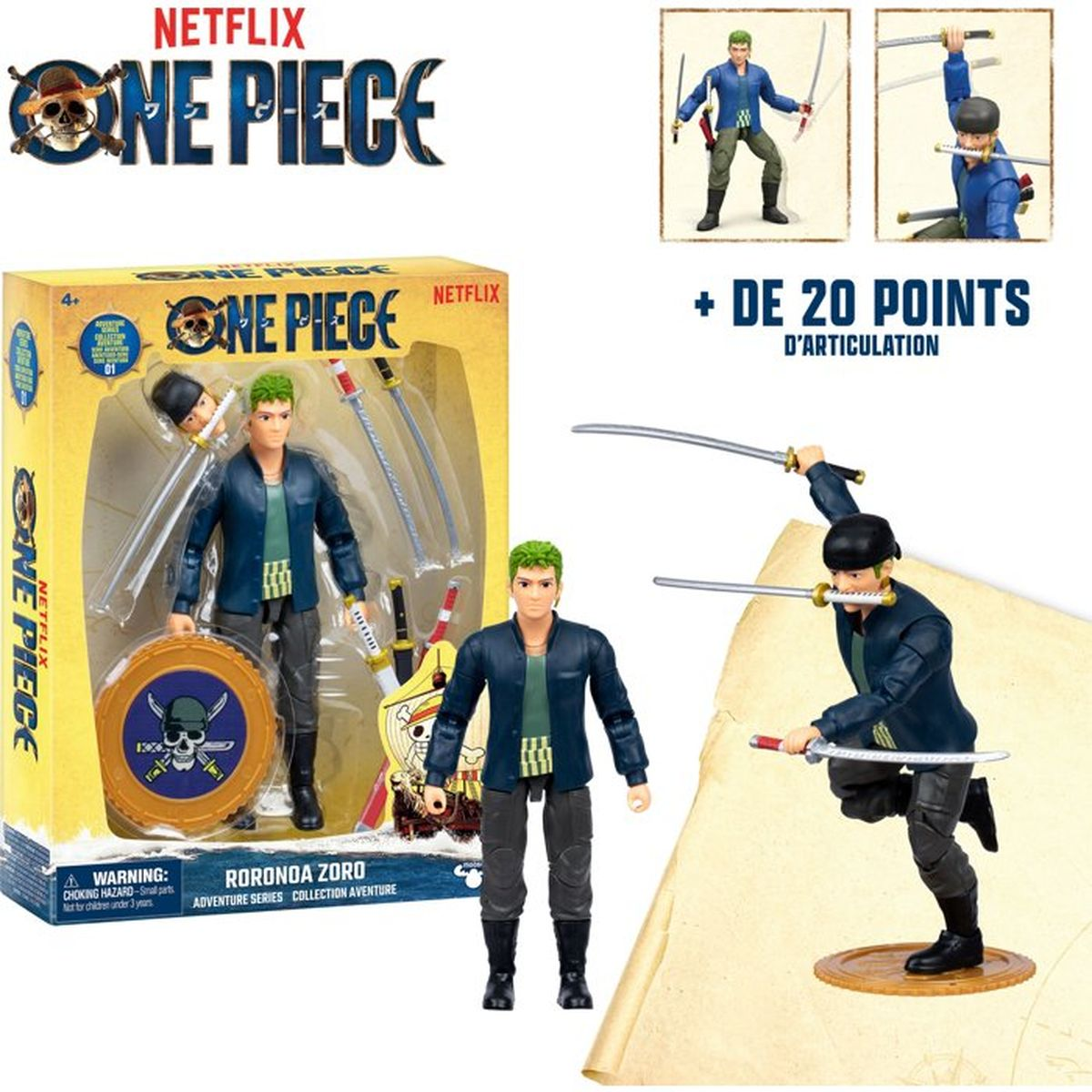Netflix One Piece Roronoa Zoro Actionfigur im Karton mit Zubehör und zwei weiteren Figuren.