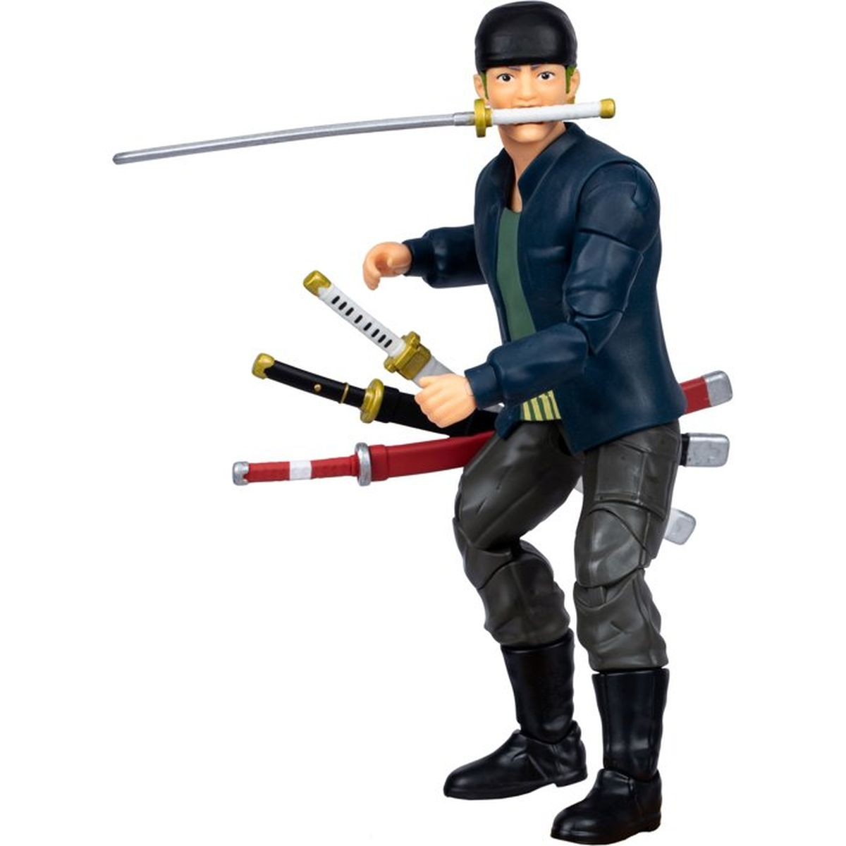 Eine Actionfigur eines Mannes mit drei Schwertern, eines im Mund, vor weißem Hintergrund.