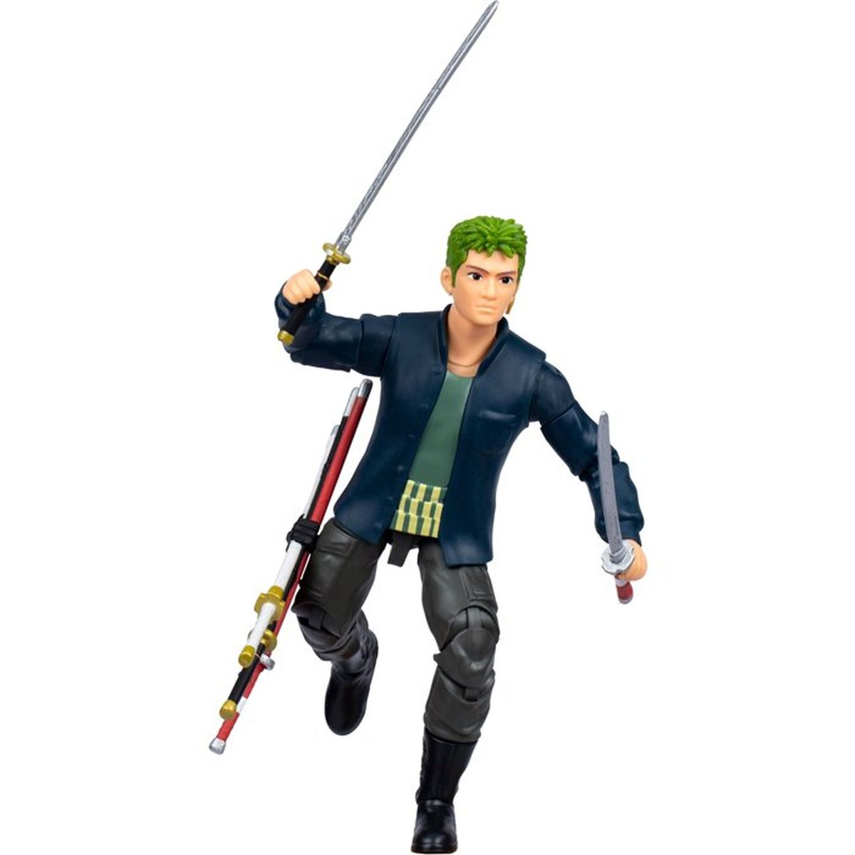 Actionfigur mit grünen Haaren, hält drei Schwerter, trägt dunkle Kleidung.