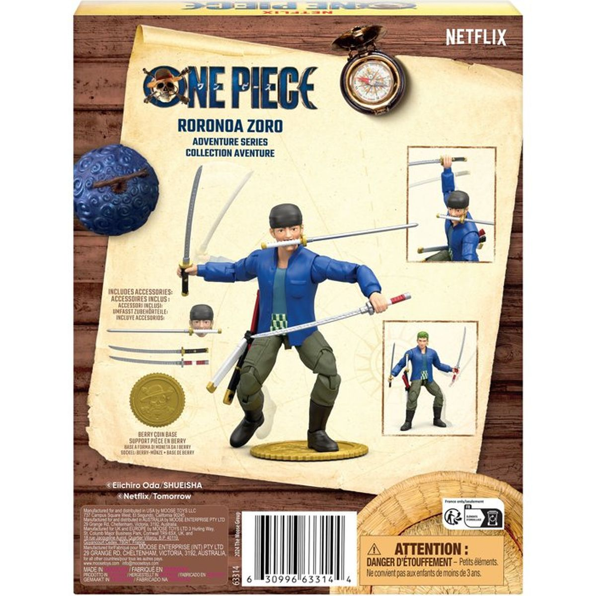 One Piece Roronoa Zoro Actionfigur mit Schwertern auf einer Schatzkarte, Netflix.