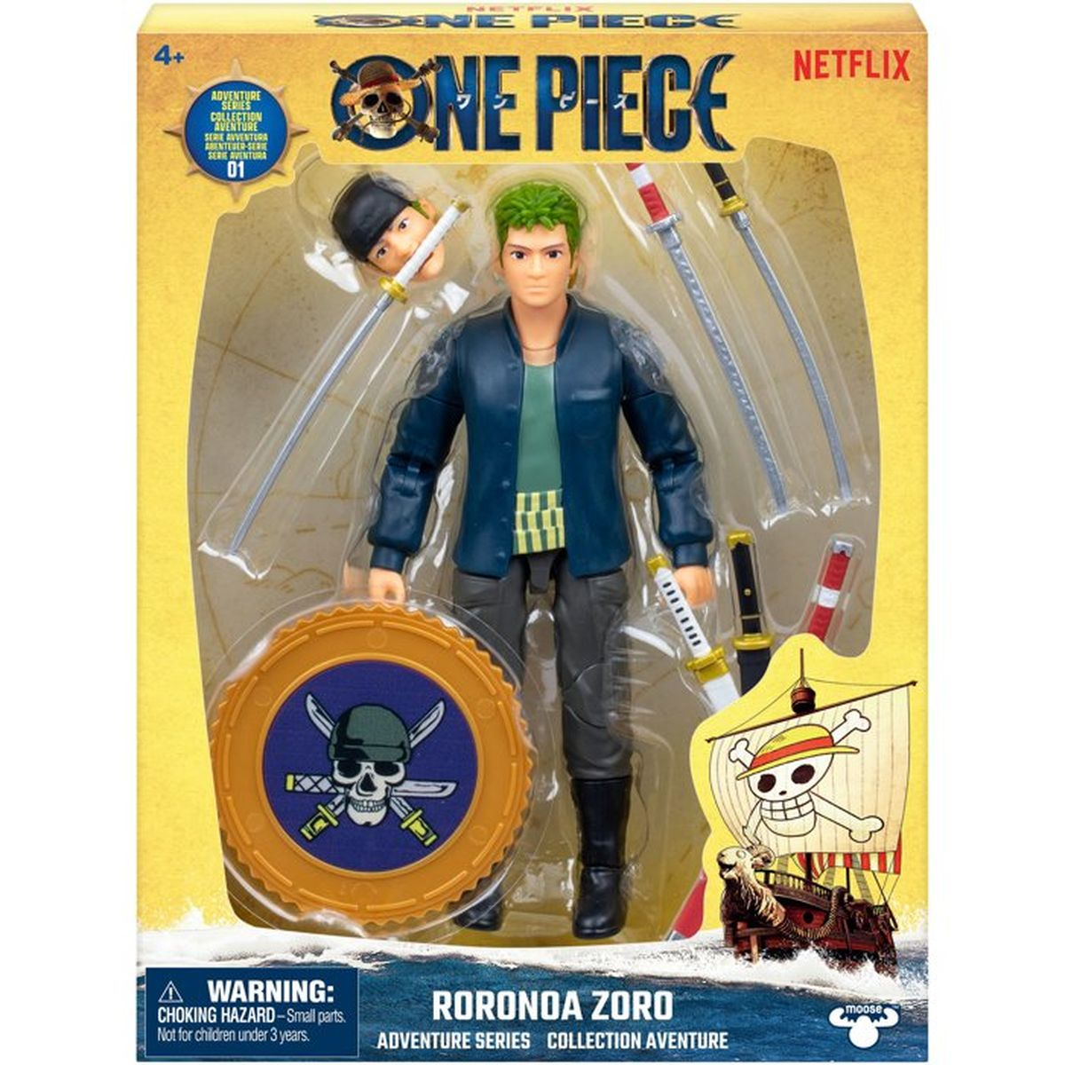 Roronoa Zoro Actionfigur in Verpackung mit Schild, Schwertern und Schiff.