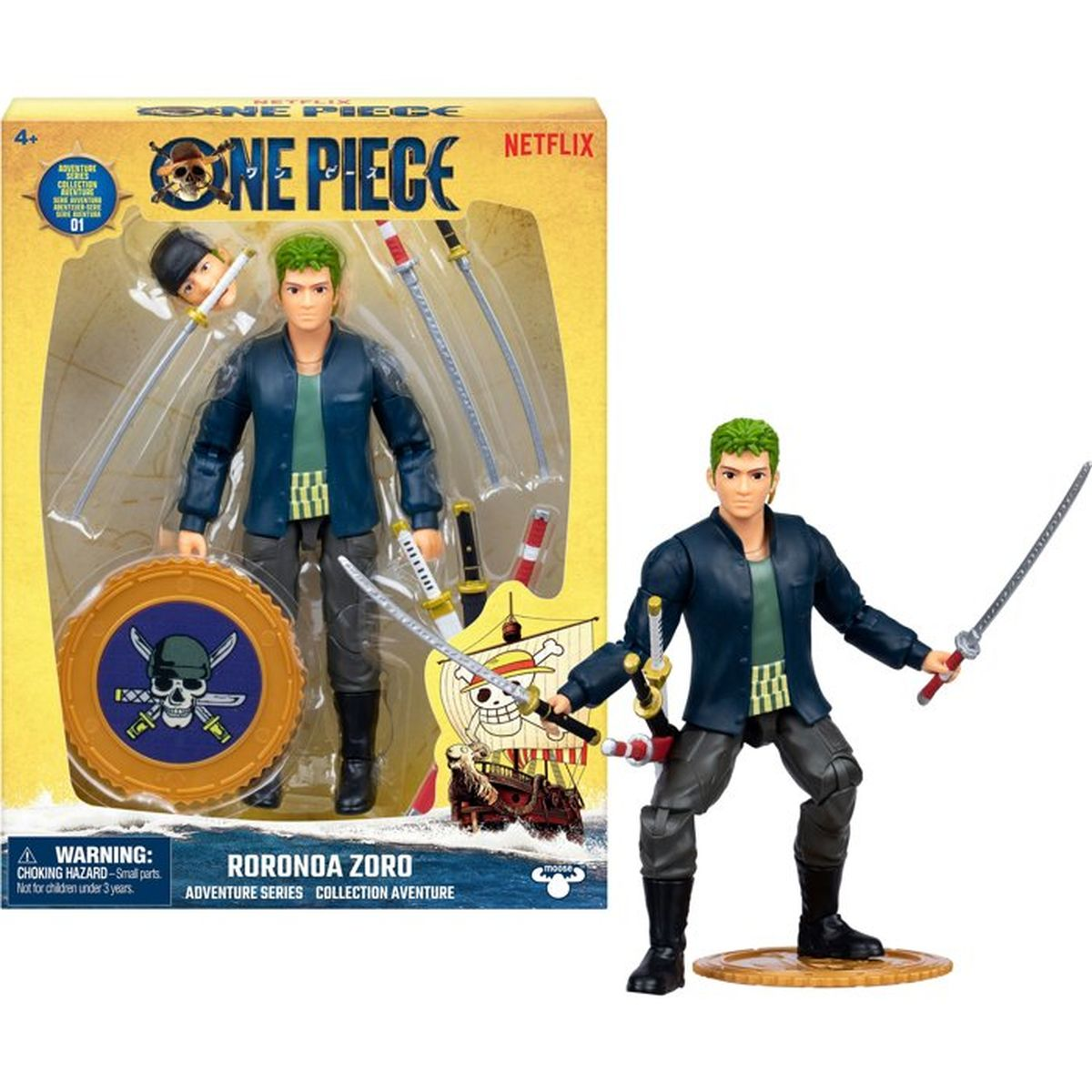 Roronoa Zoro Actionfigur in Verpackung und einzeln, mit Schwertern und Schild.