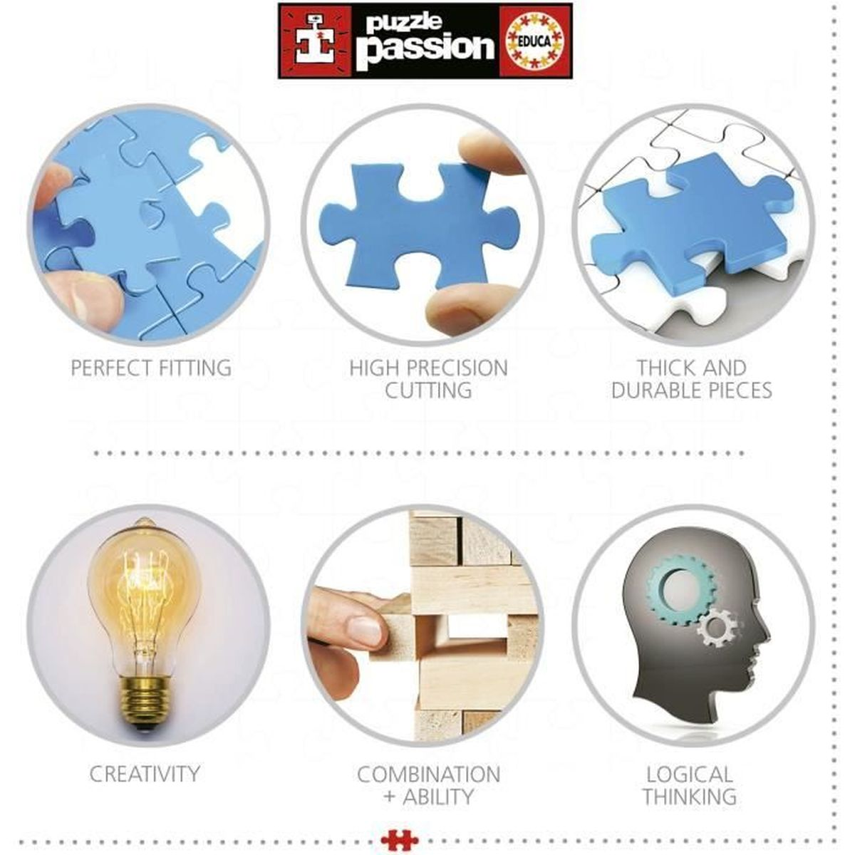 Sechs Kreise zeigen Puzzle-Eigenschaften: Passform, Schnitt, Dicke, Kreativität, Kombination und Denken.